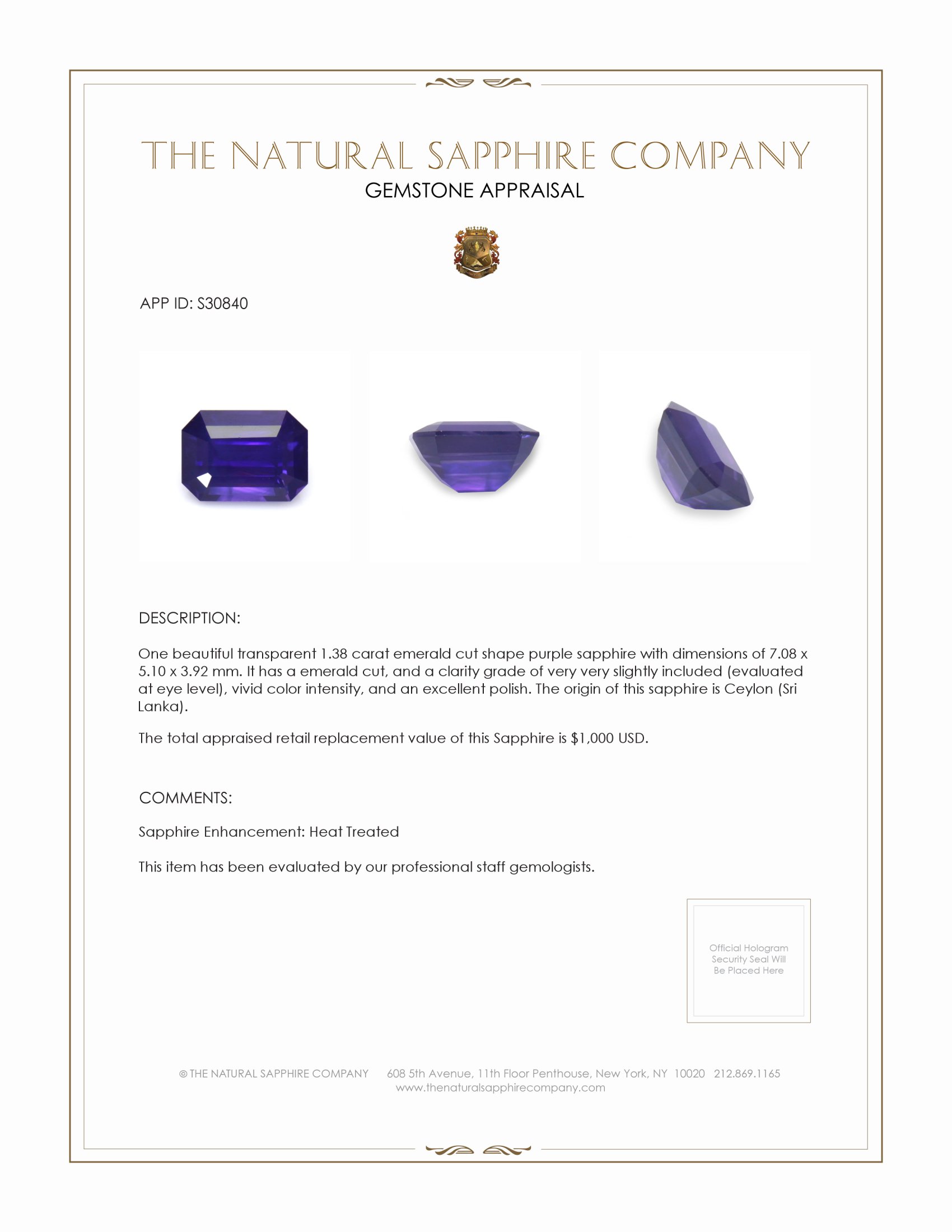 1.38 Ct. Purple Sapphire from Ceylon (Sri Lanka)