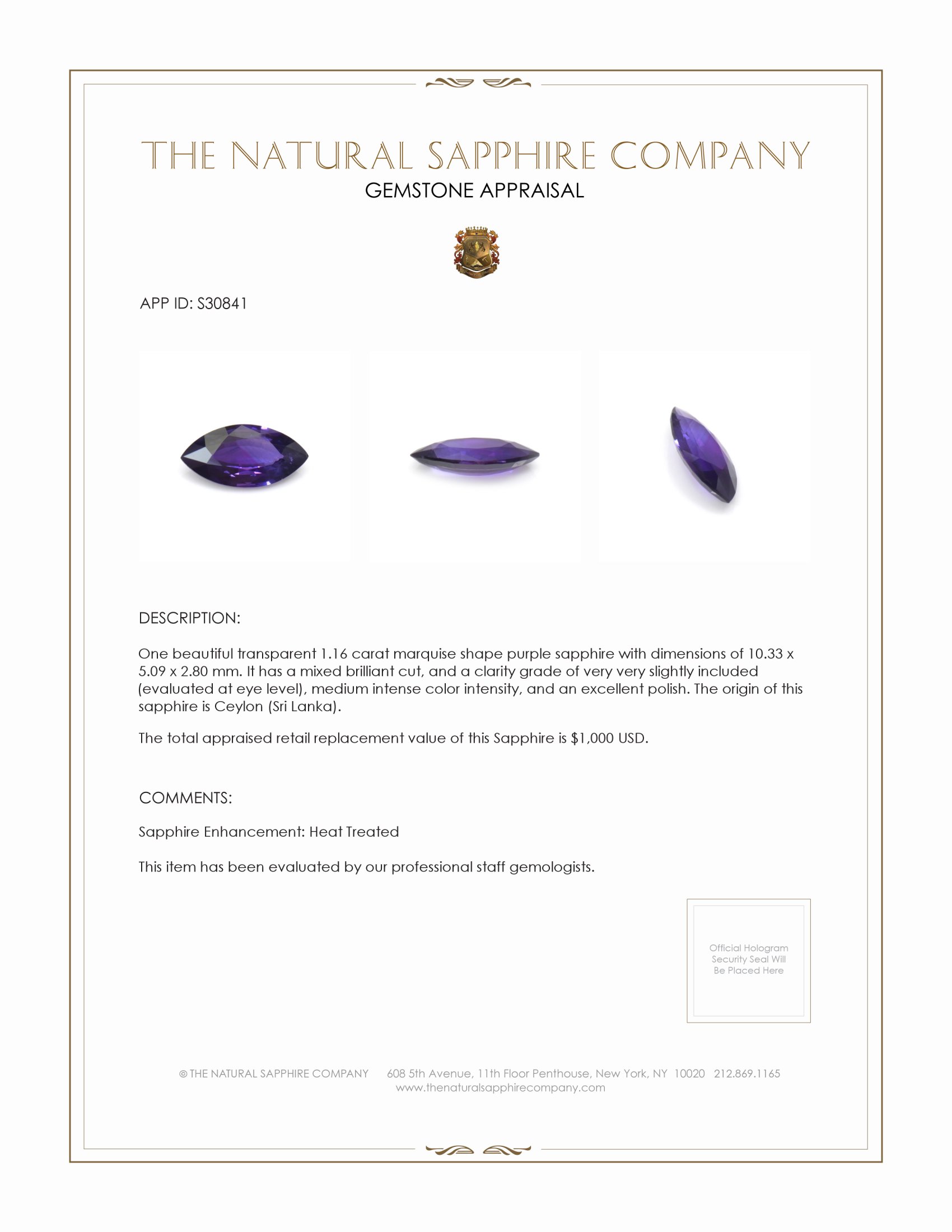 1.16 Ct. Purple Sapphire from Ceylon (Sri Lanka)