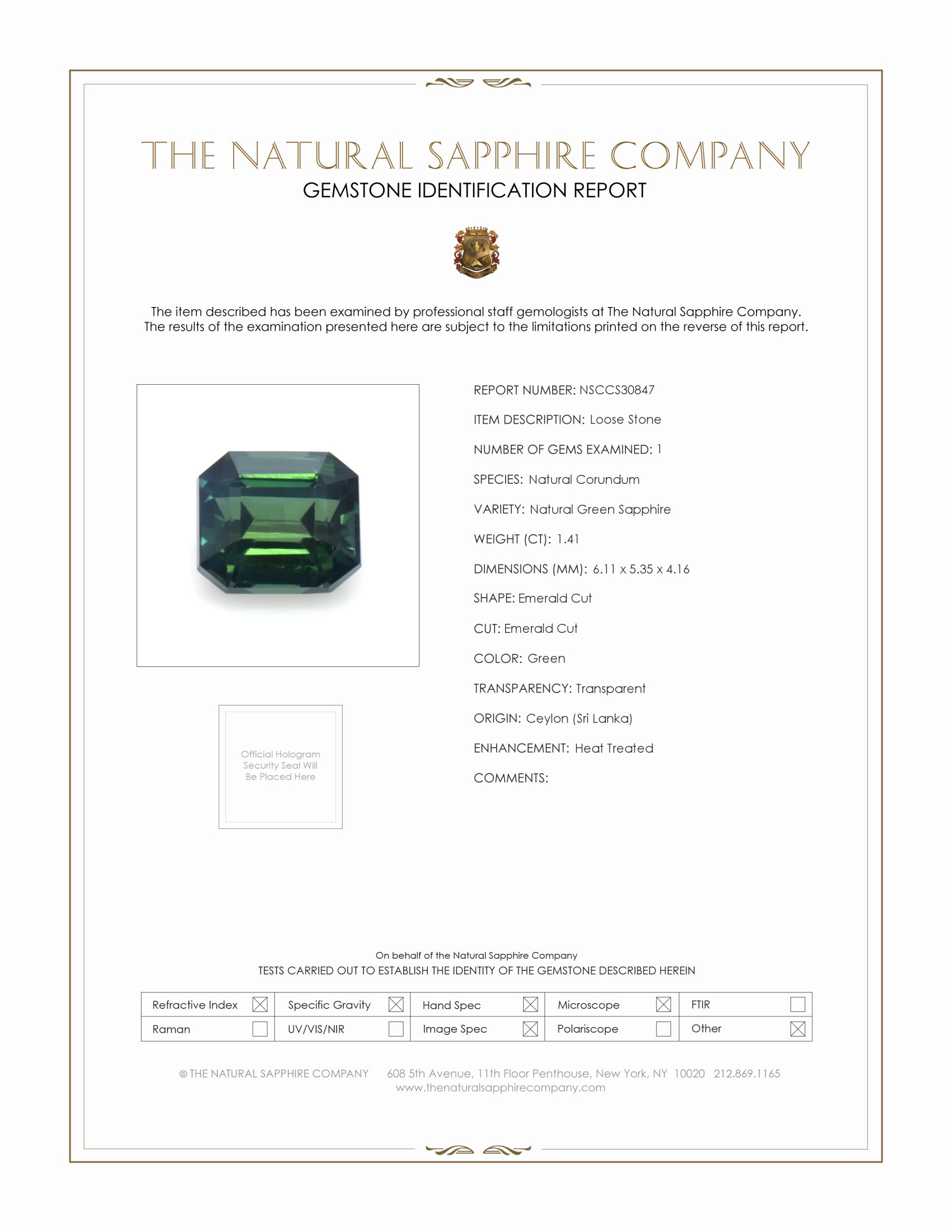 1.41 Ct. Green Sapphire from Ceylon (Sri Lanka)