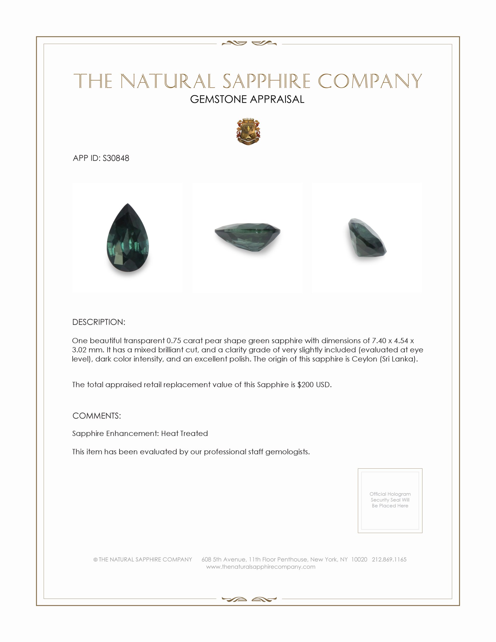 0.75 Ct. Green Sapphire from Ceylon (Sri Lanka)