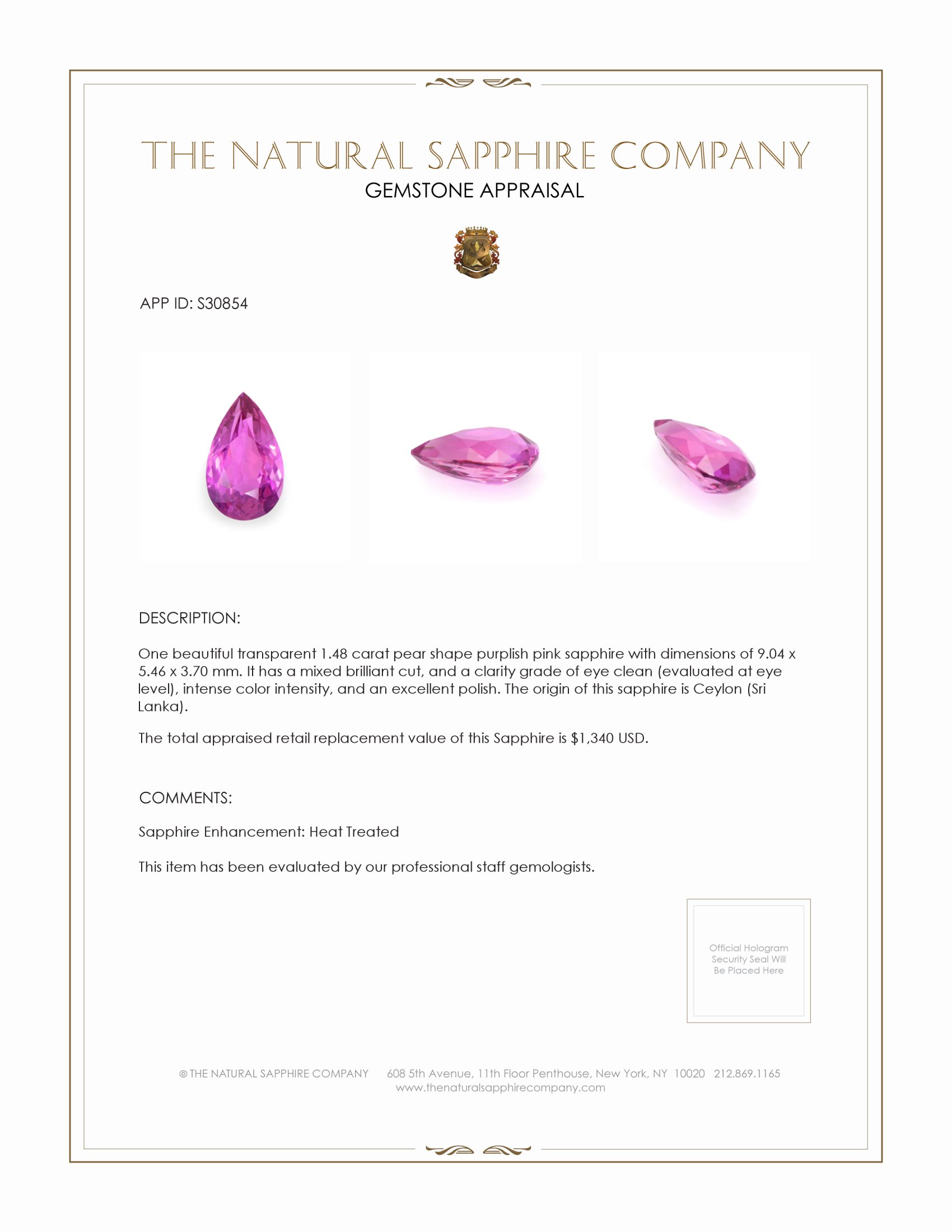 1.48 Ct. Purplish Pink Sapphire from Ceylon (Sri Lanka)