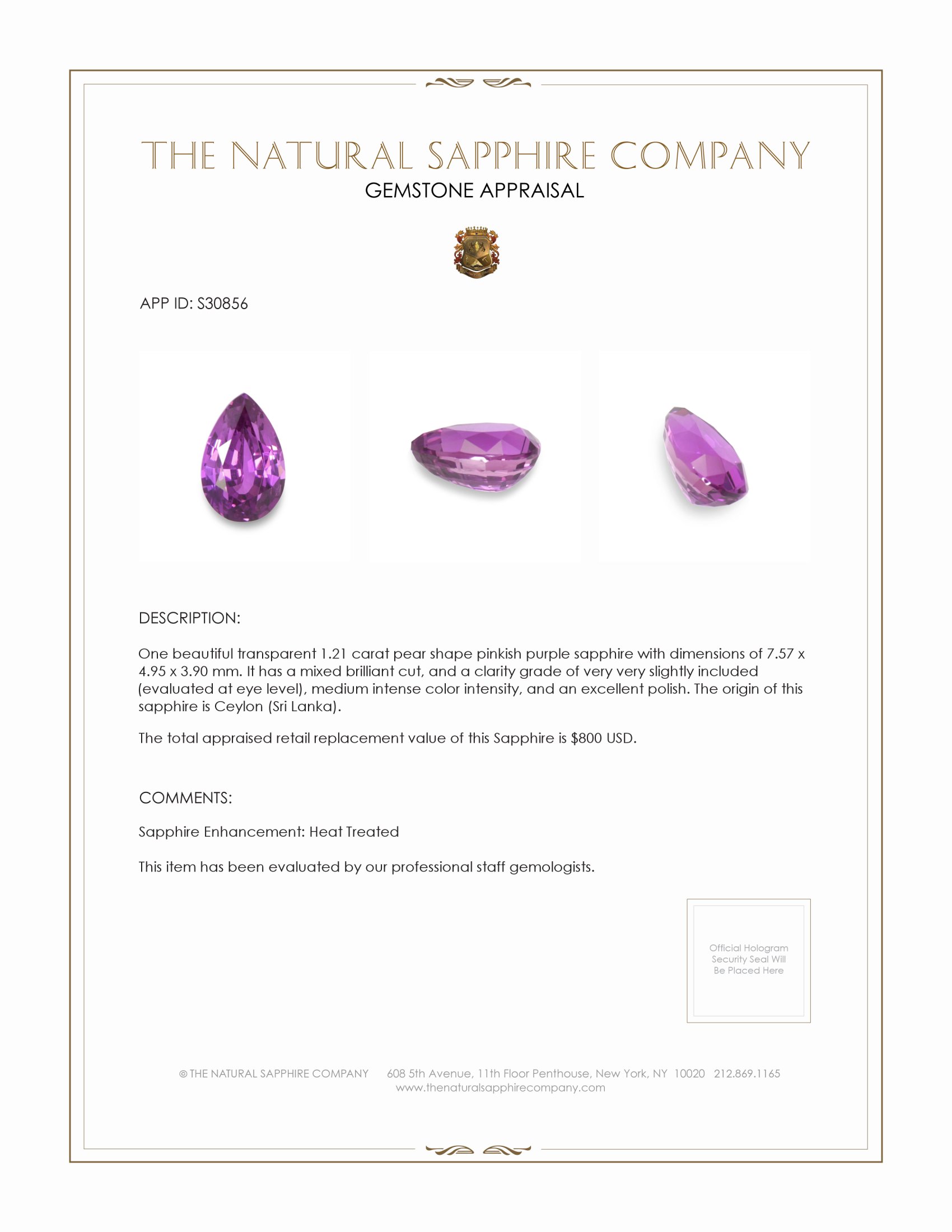 1.21 Ct. Pinkish Purple Sapphire from Ceylon (Sri Lanka)