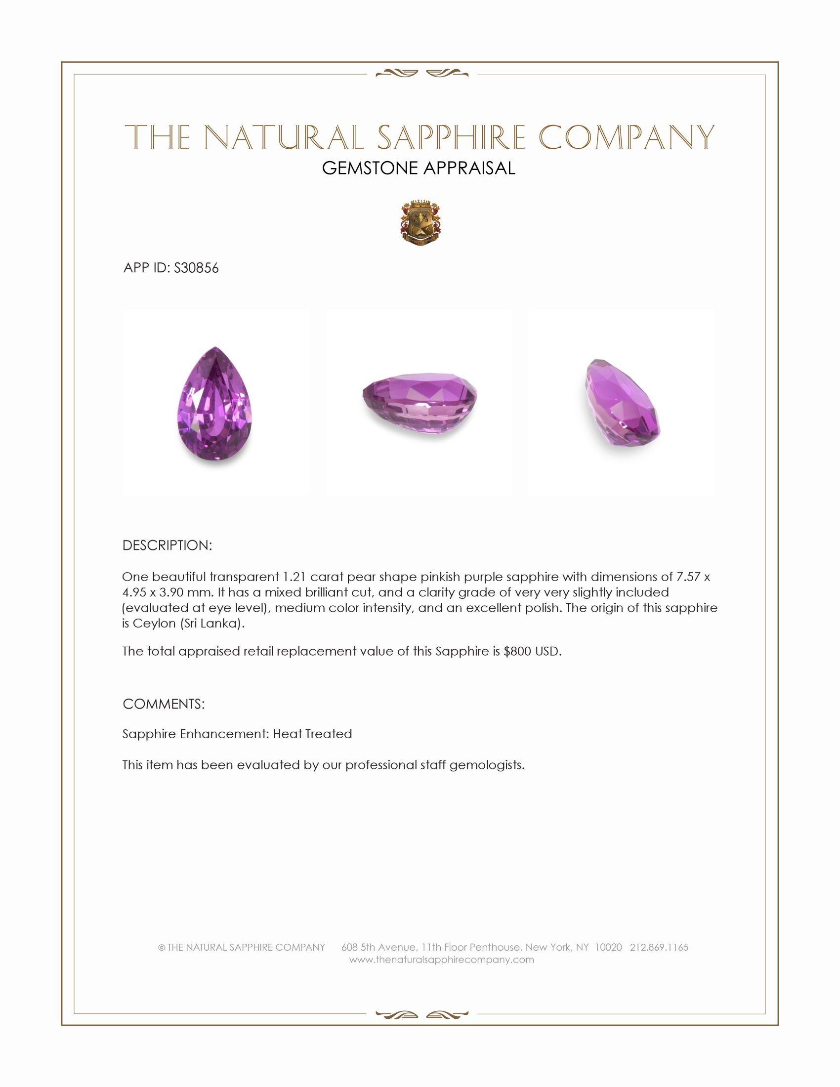 1.21 Ct. Pinkish Purple Sapphire from Ceylon (Sri Lanka)