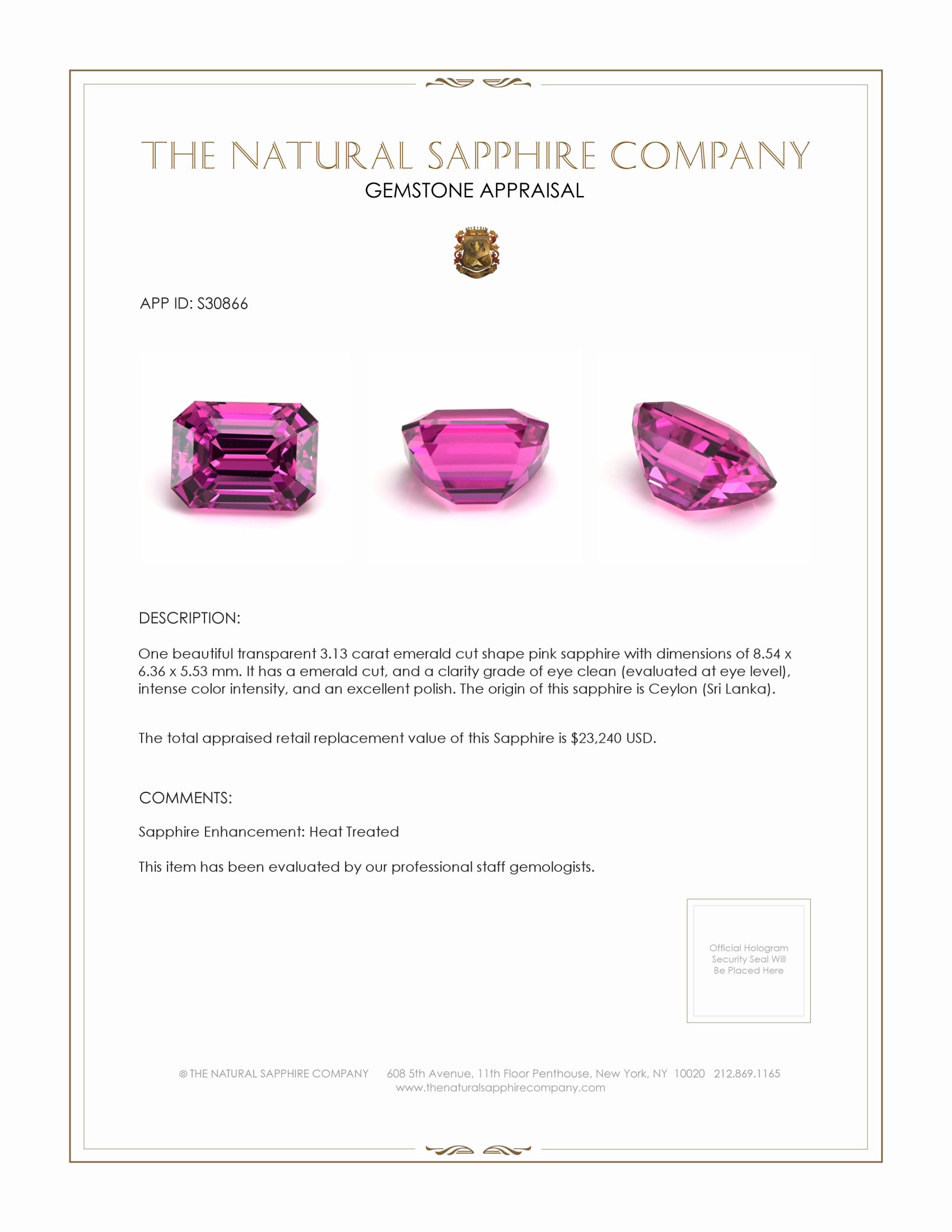 3.13 Ct. Pink Sapphire from Ceylon (Sri Lanka)