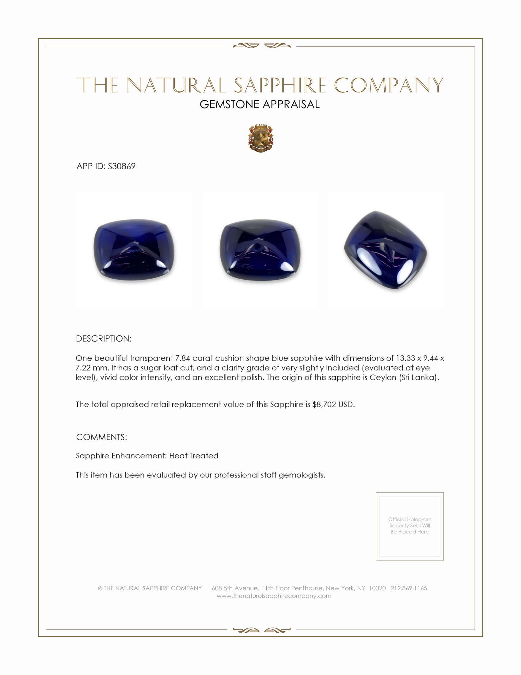 7.84 Ct. Blue Cabochon Sapphire from Ceylon (Sri Lanka)