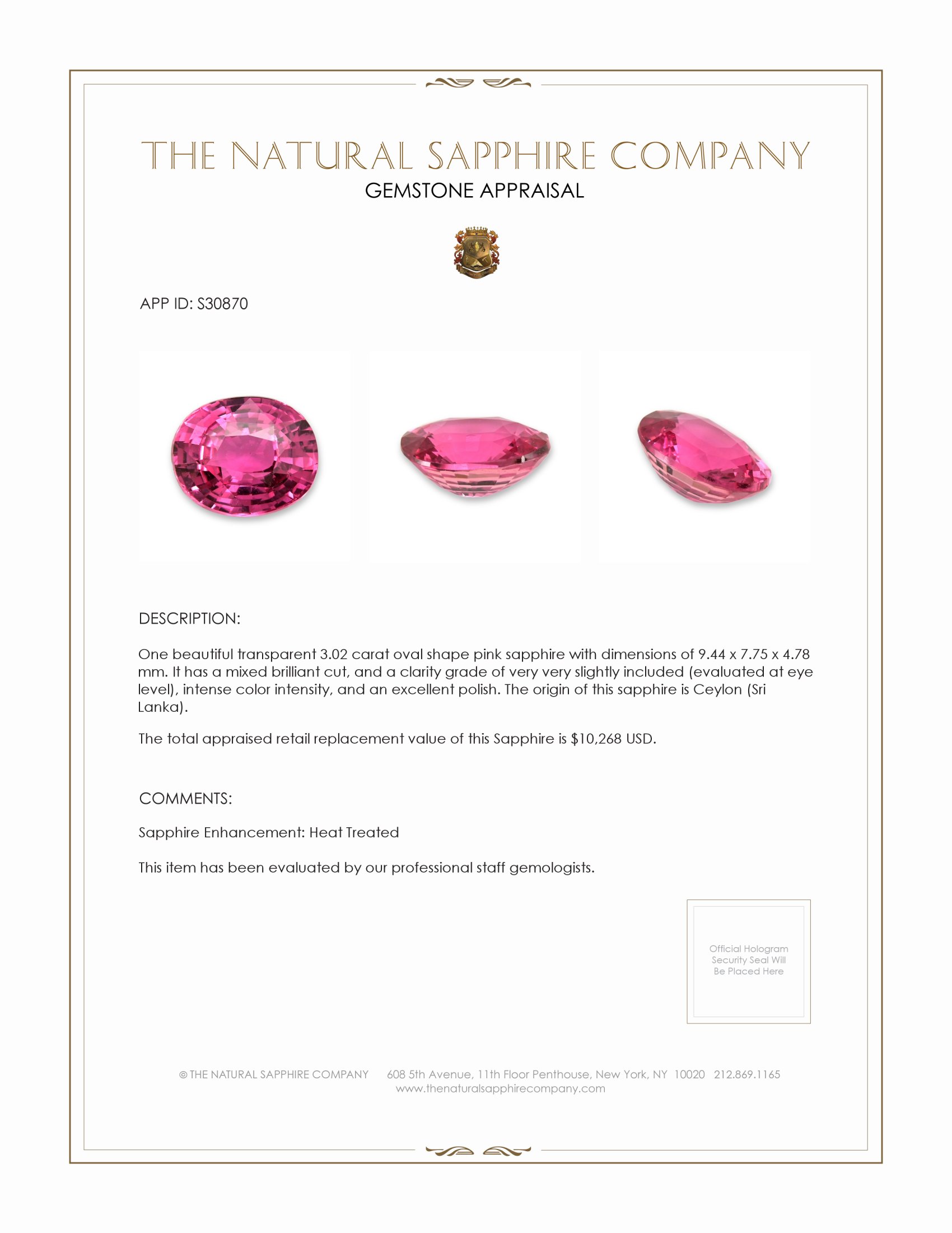 3.02 Ct. Pink Sapphire from Ceylon (Sri Lanka)