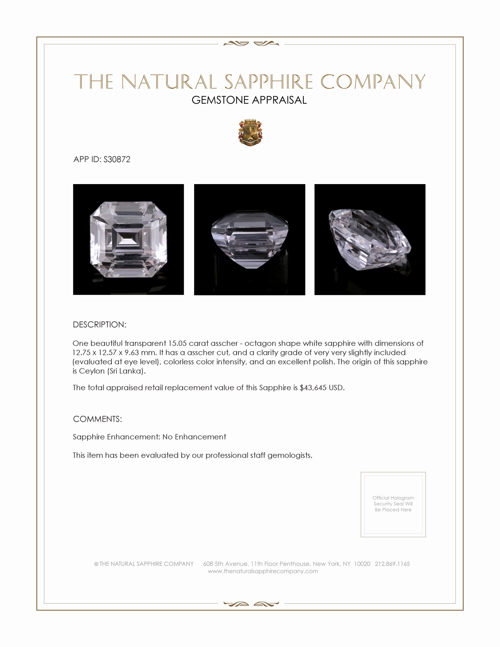 15.05 Ct. White Sapphire from Ceylon (Sri Lanka)