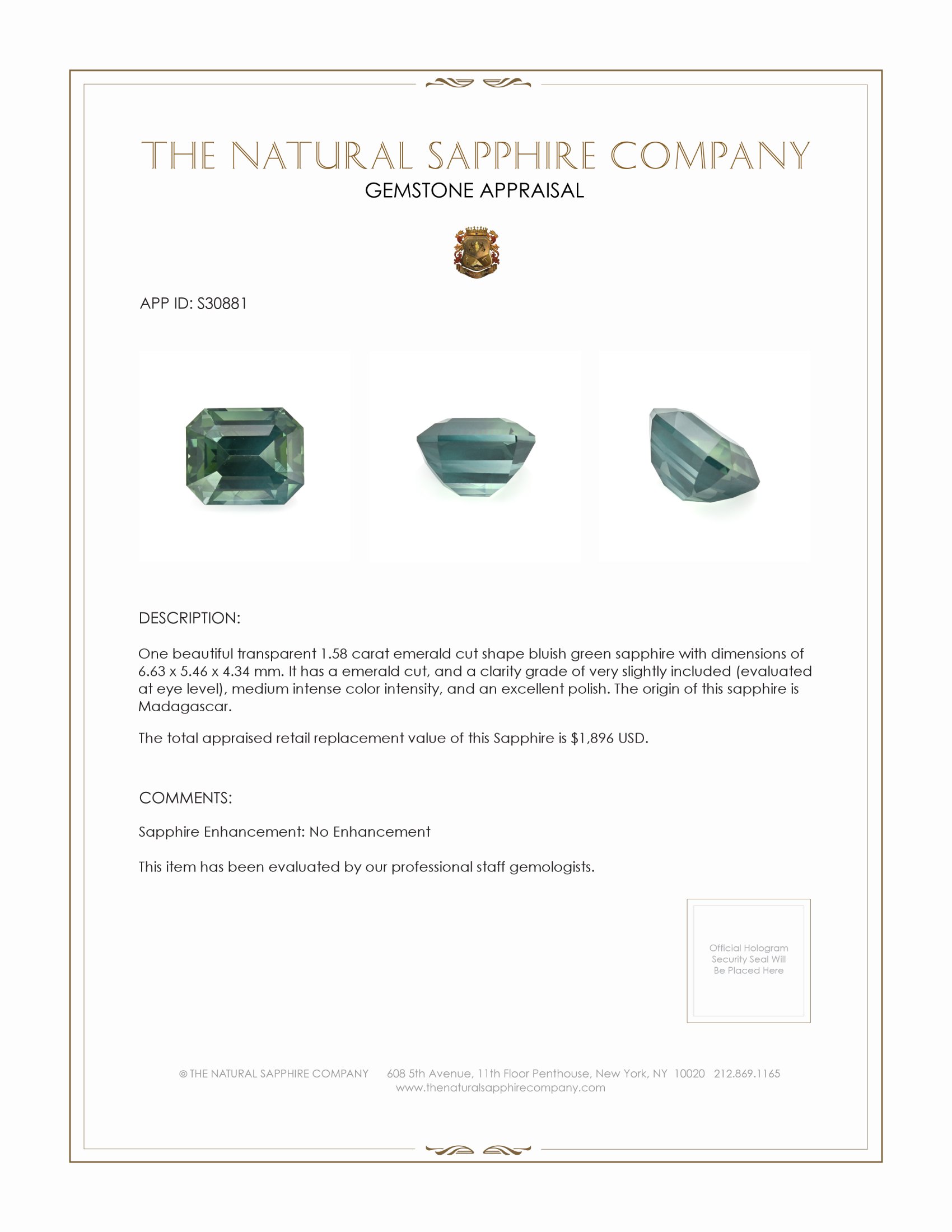 1.58 Ct. Bluish Green Sapphire from Madagascar