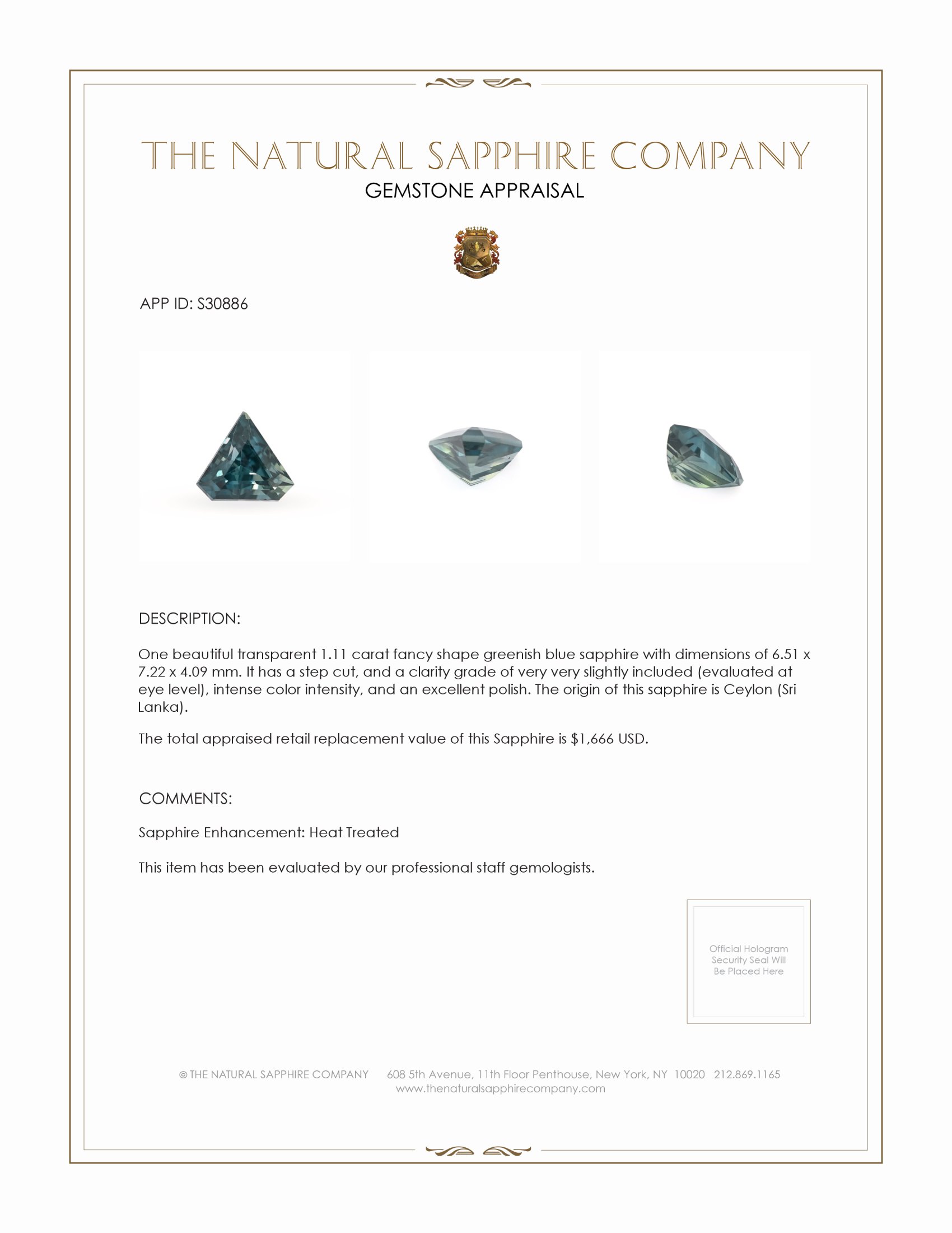 1.11 Ct. Greenish Blue Sapphire from Ceylon (Sri Lanka)