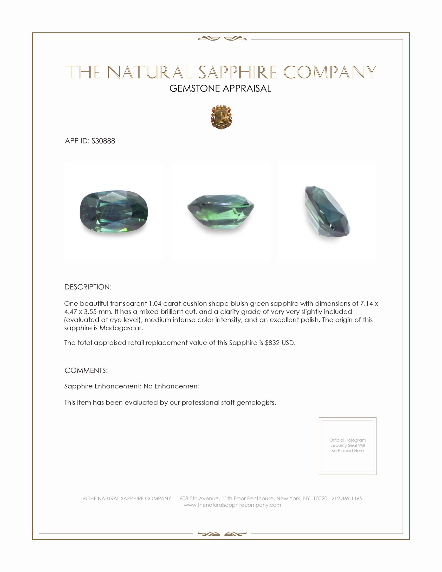 1.04 Ct. Bluish Green Sapphire from Madagascar