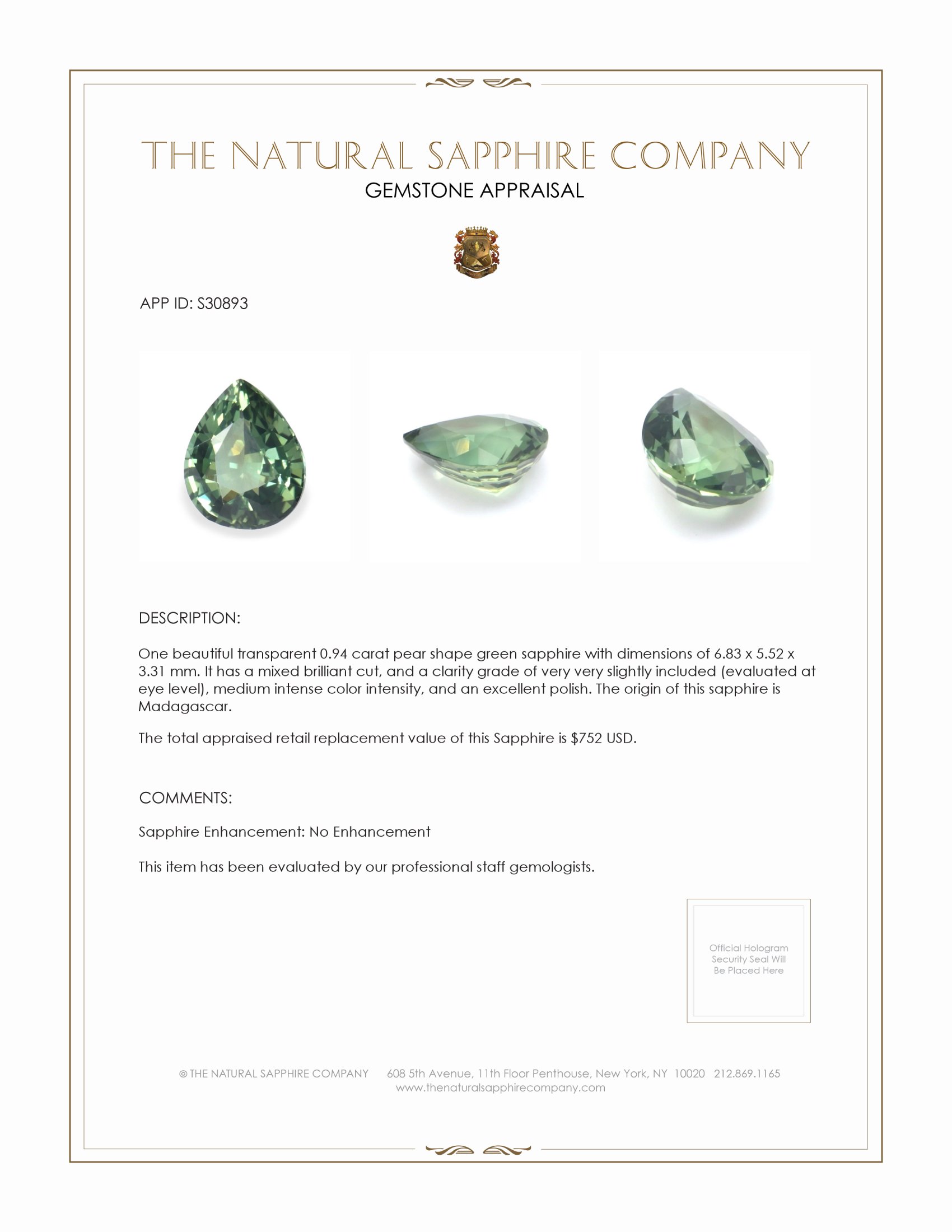 0.94 Ct. Green Sapphire from Madagascar
