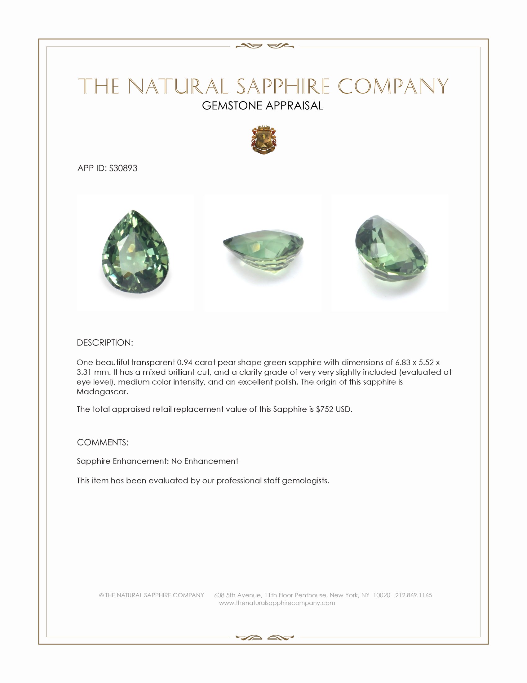 0.94 Ct. Green Sapphire from Madagascar
