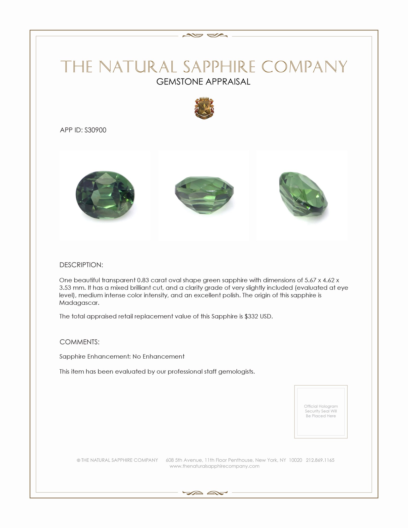 0.83 Ct. Green Sapphire from Madagascar