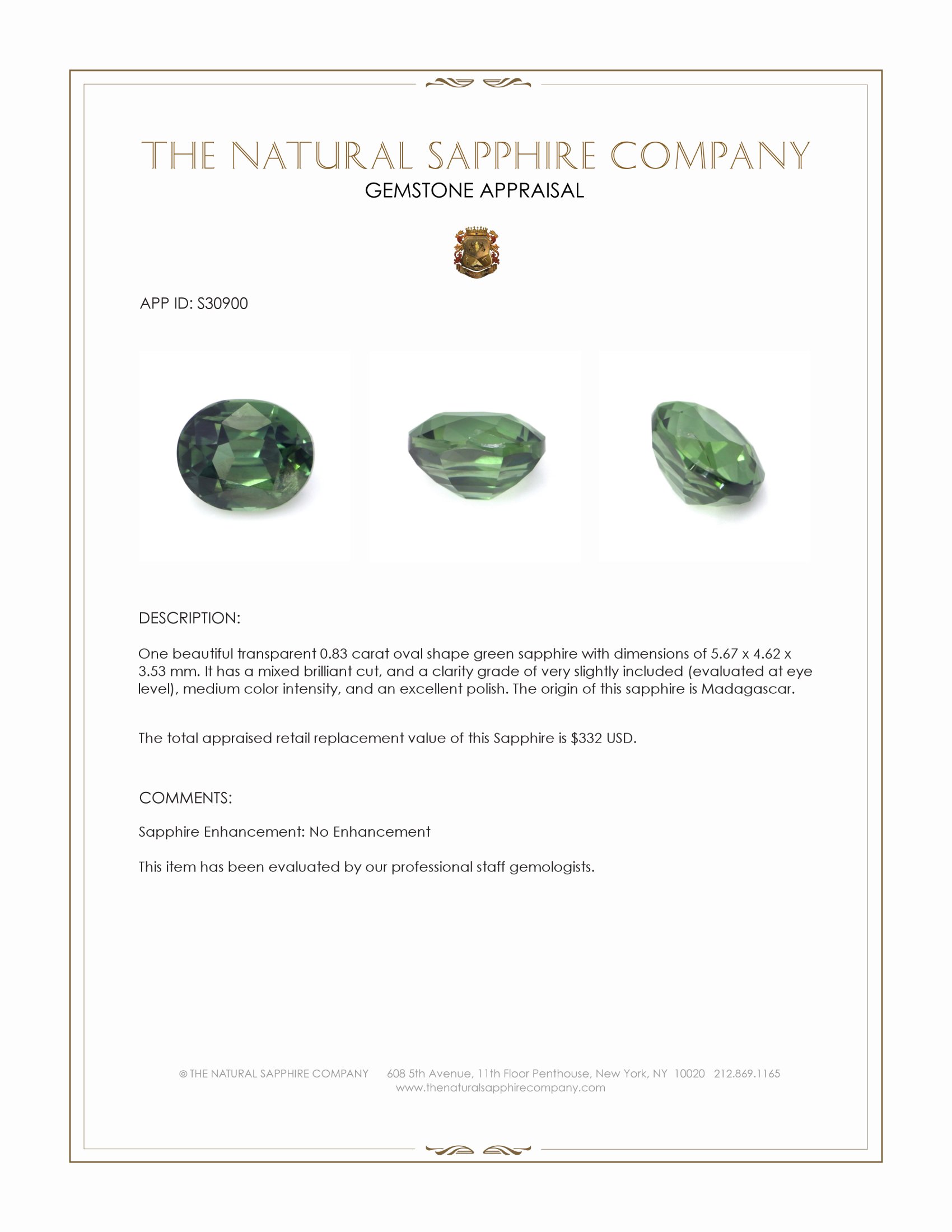 0.83 Ct. Green Sapphire from Madagascar