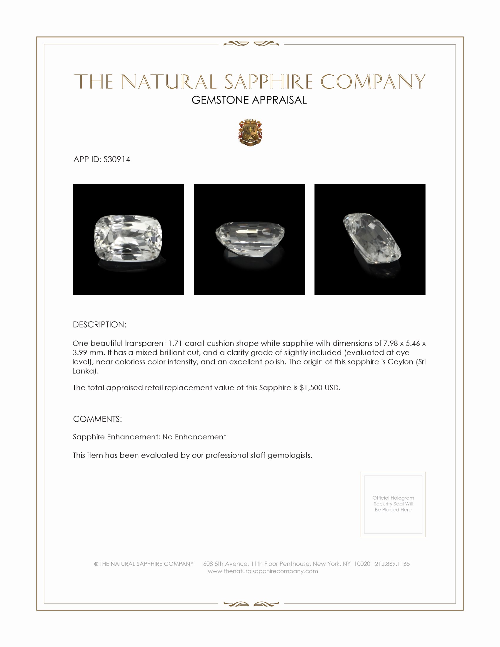 1.71 Ct. White Sapphire from Ceylon (Sri Lanka)