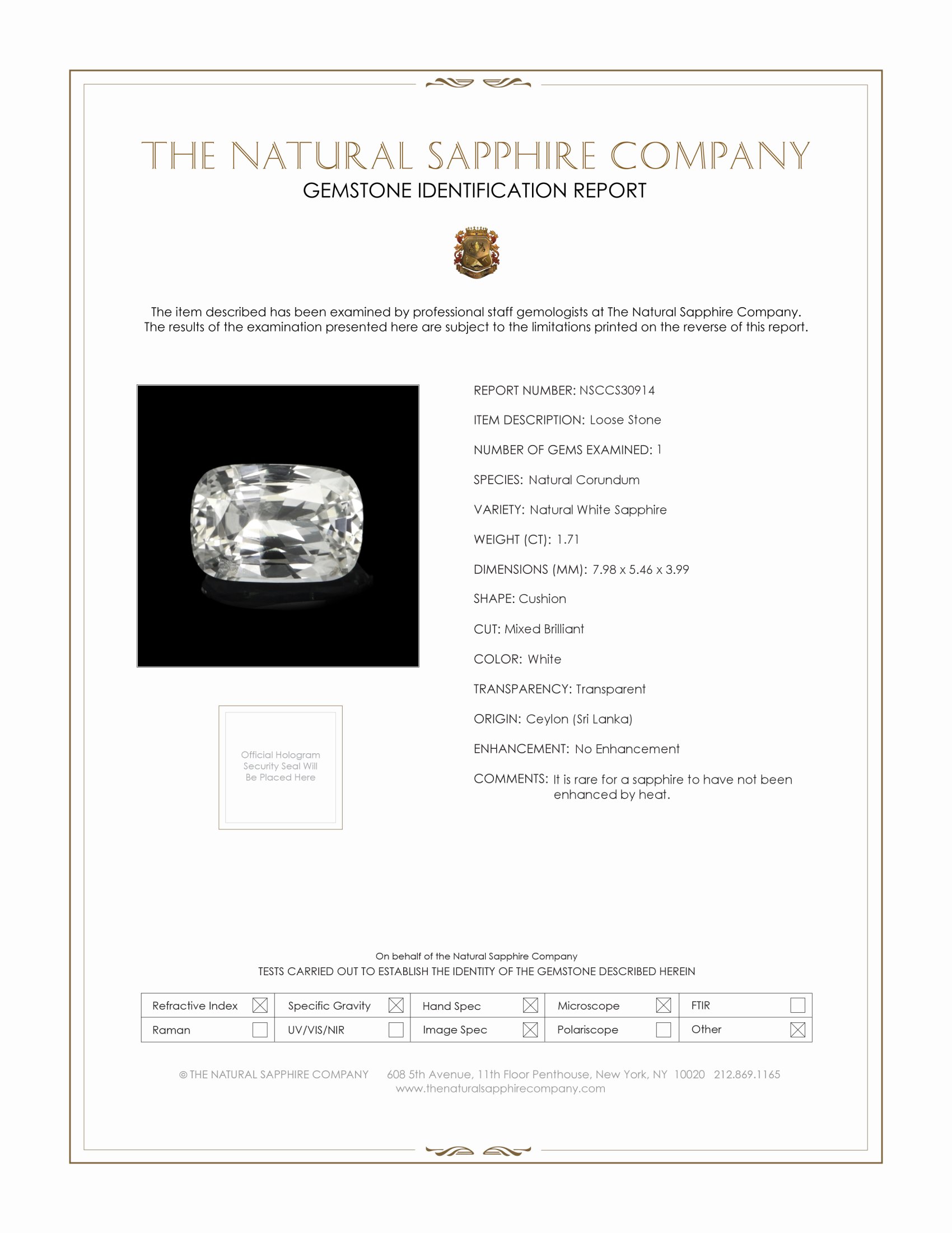 1.71 Ct. White Sapphire from Ceylon (Sri Lanka)