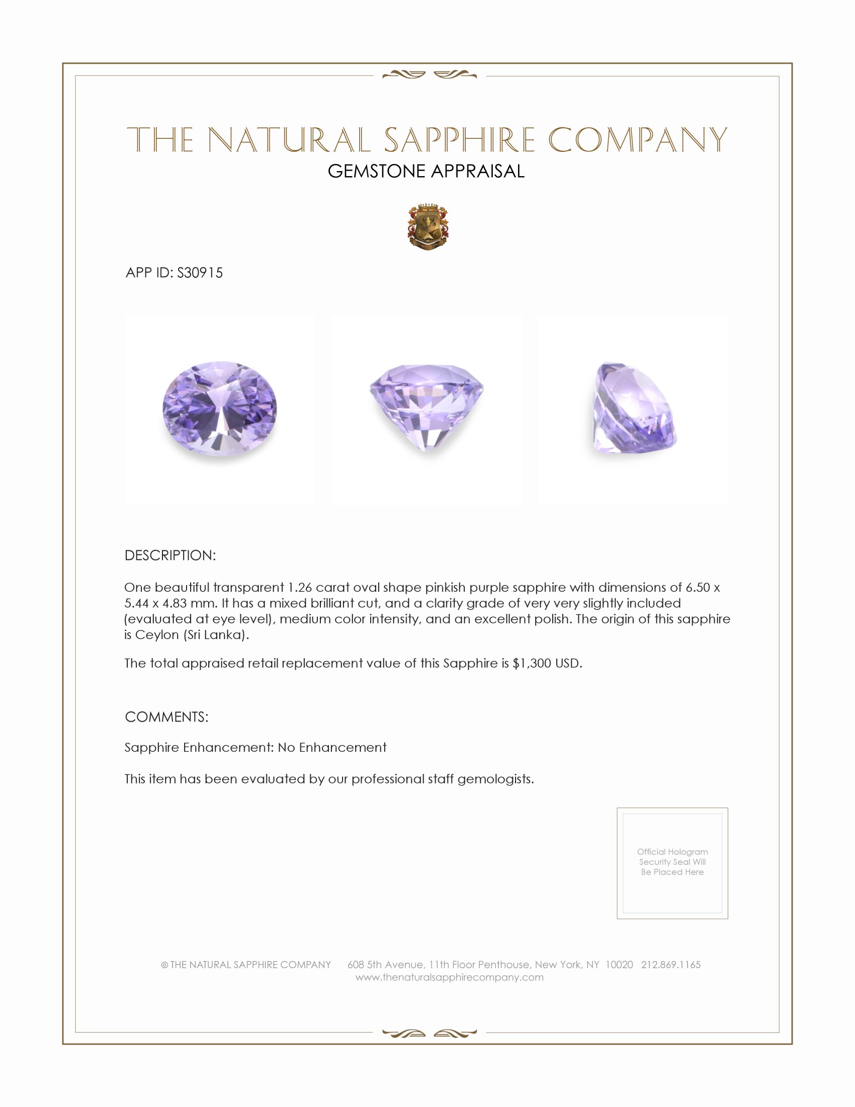 1.26 Ct. Pinkish Purple Sapphire from Ceylon (Sri Lanka)