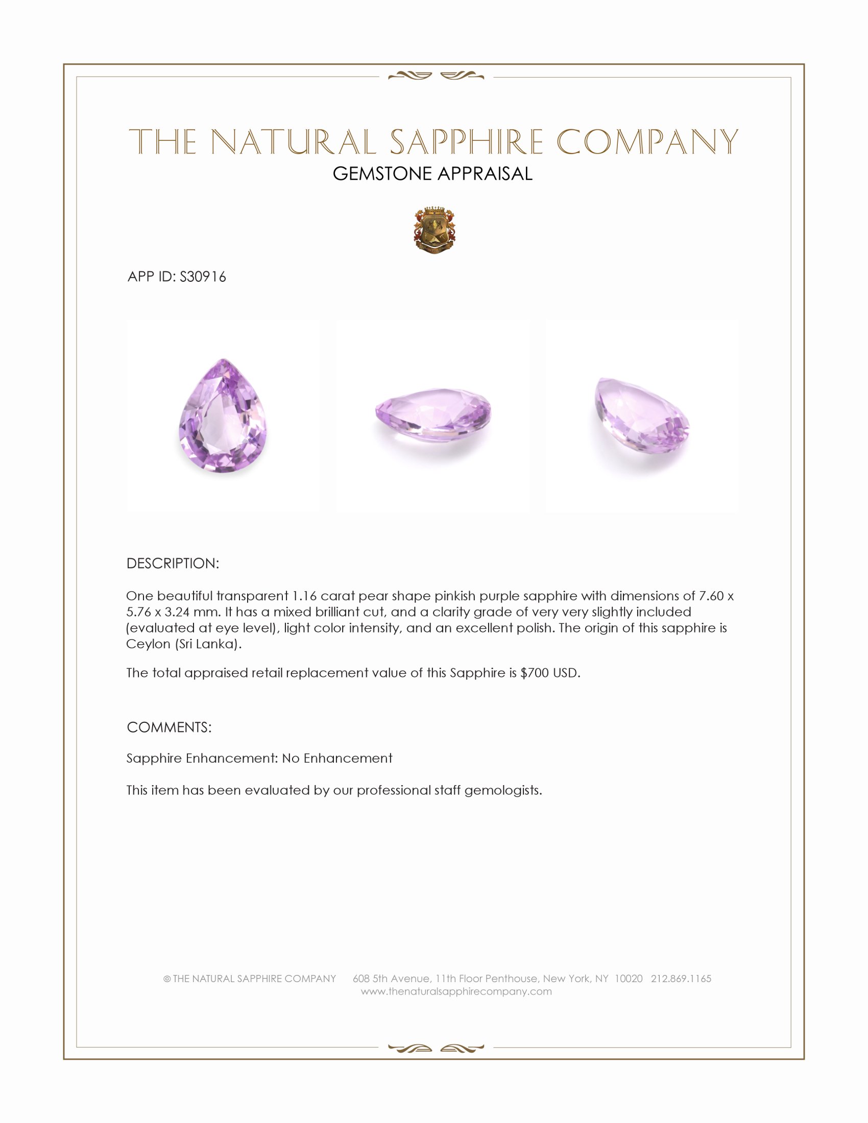 1.16 Ct. Pinkish Purple Sapphire from Ceylon (Sri Lanka)