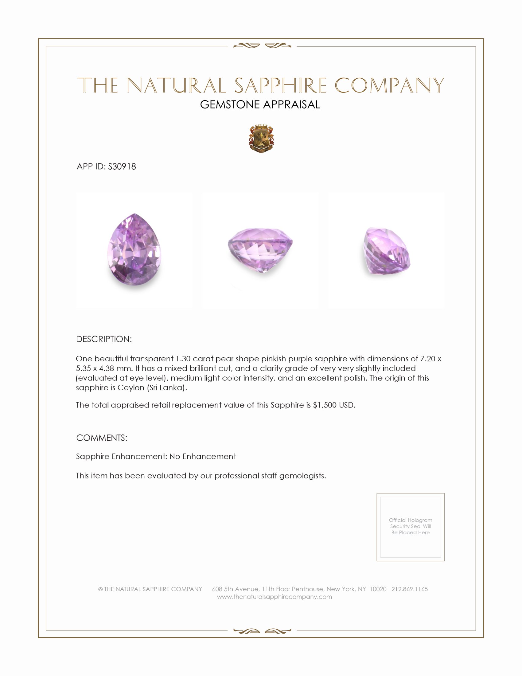 1.30 Ct. Pinkish Purple Sapphire from Ceylon (Sri Lanka)