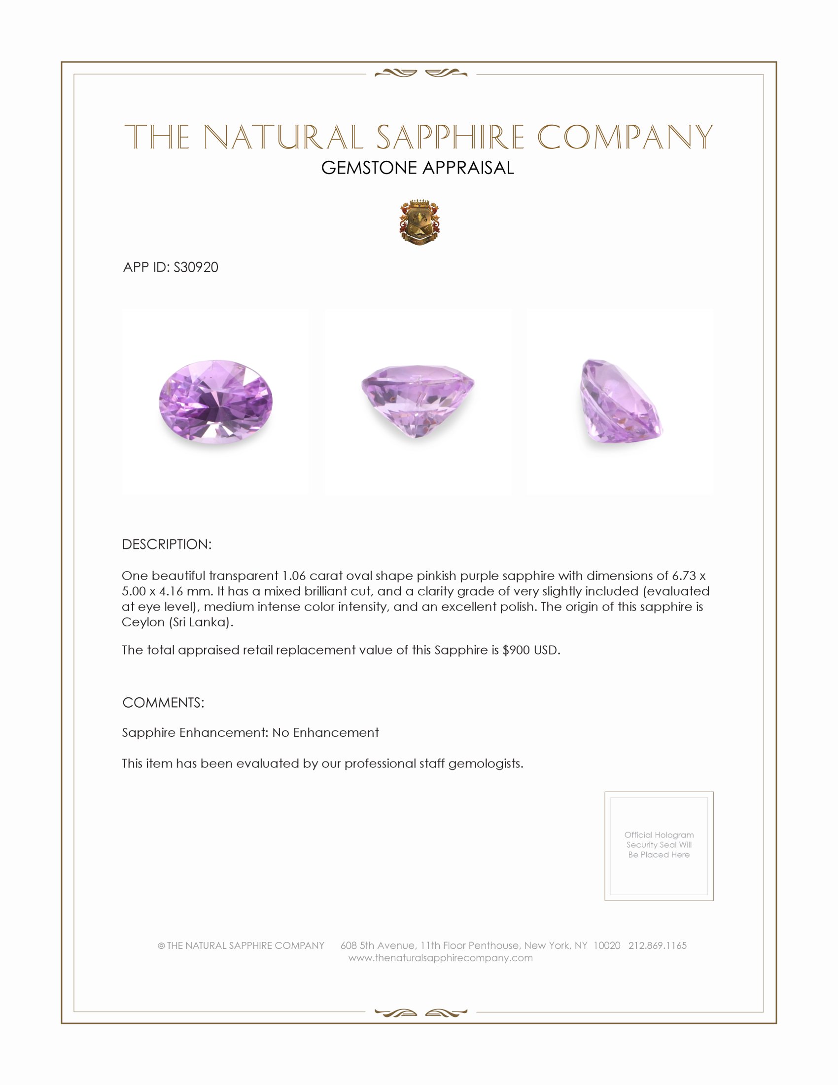 1.06 Ct. Pinkish Purple Sapphire from Ceylon (Sri Lanka)