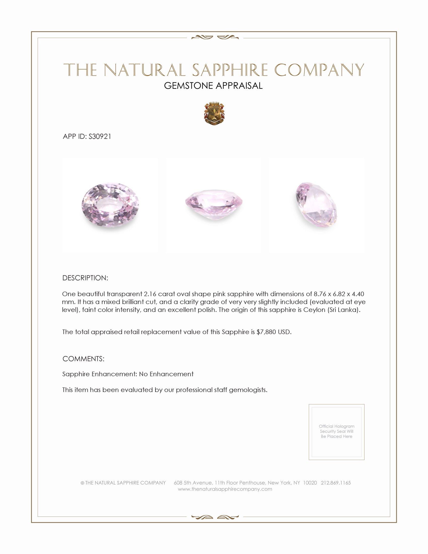 2.16 Ct. Pink Sapphire from Ceylon (Sri Lanka)