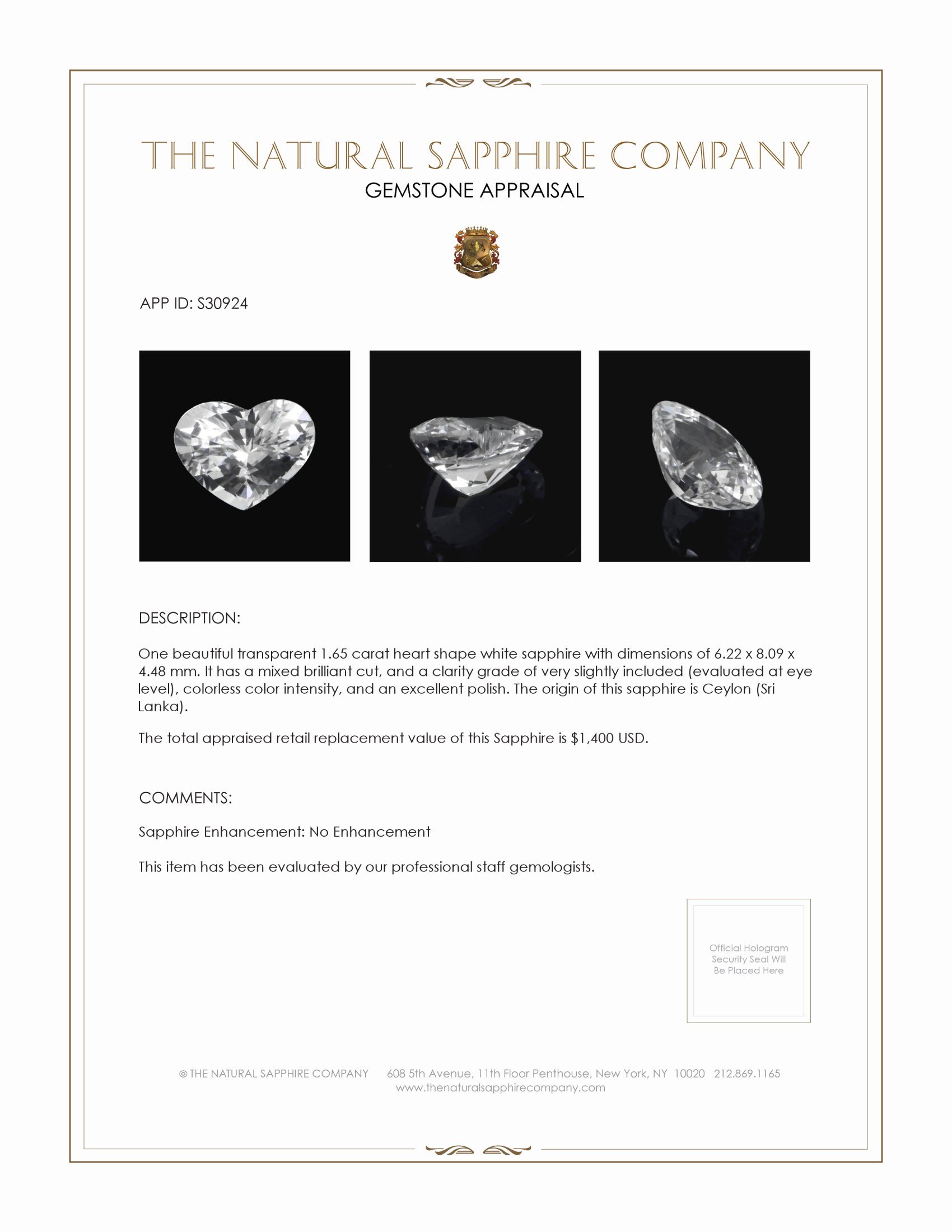 1.65 Ct. White Sapphire from Ceylon (Sri Lanka)