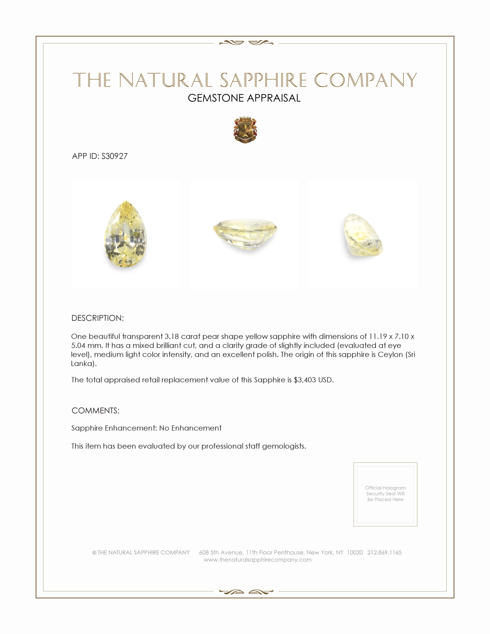 3.18 Ct. Yellow Sapphire from Ceylon (Sri Lanka)