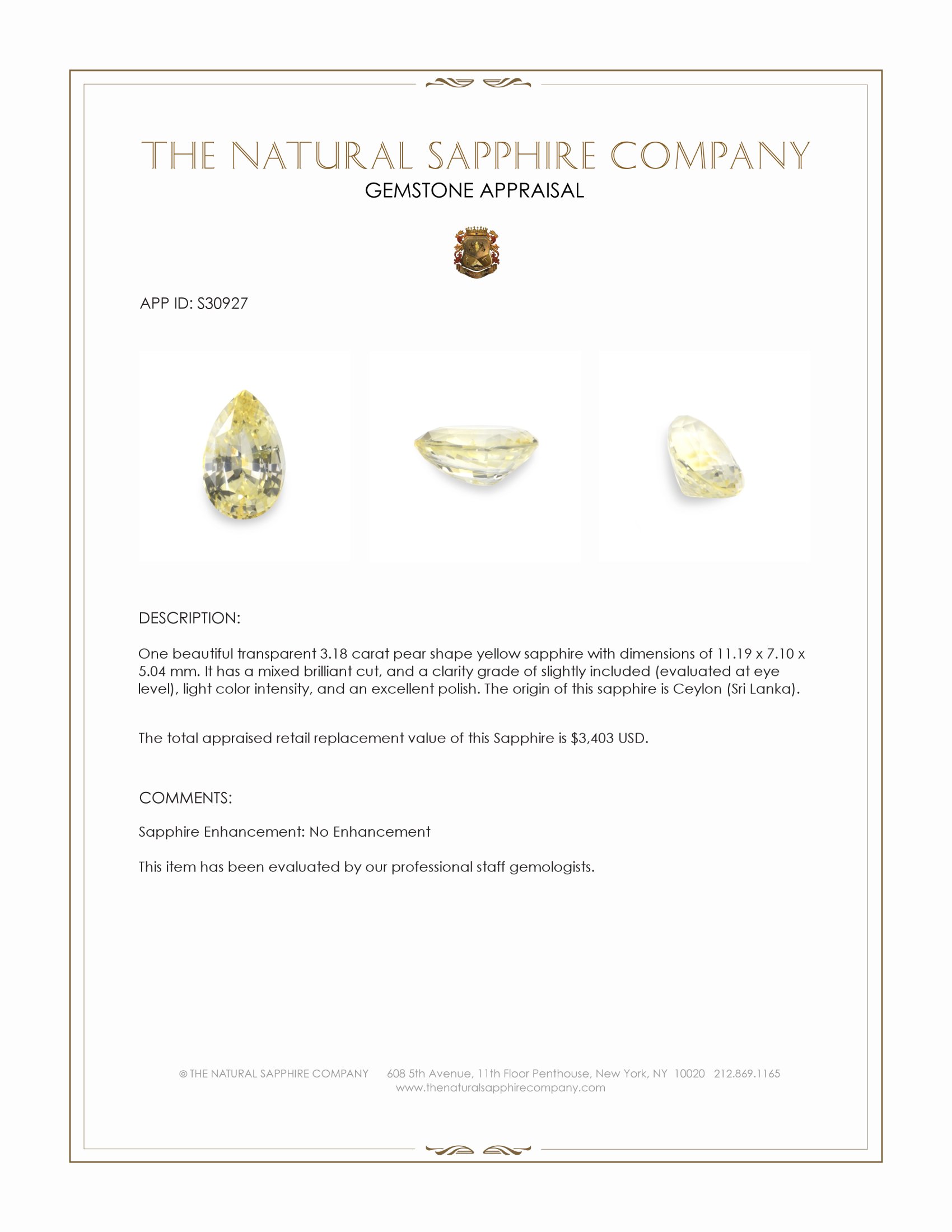 3.18 Ct. Yellow Sapphire from Ceylon (Sri Lanka)