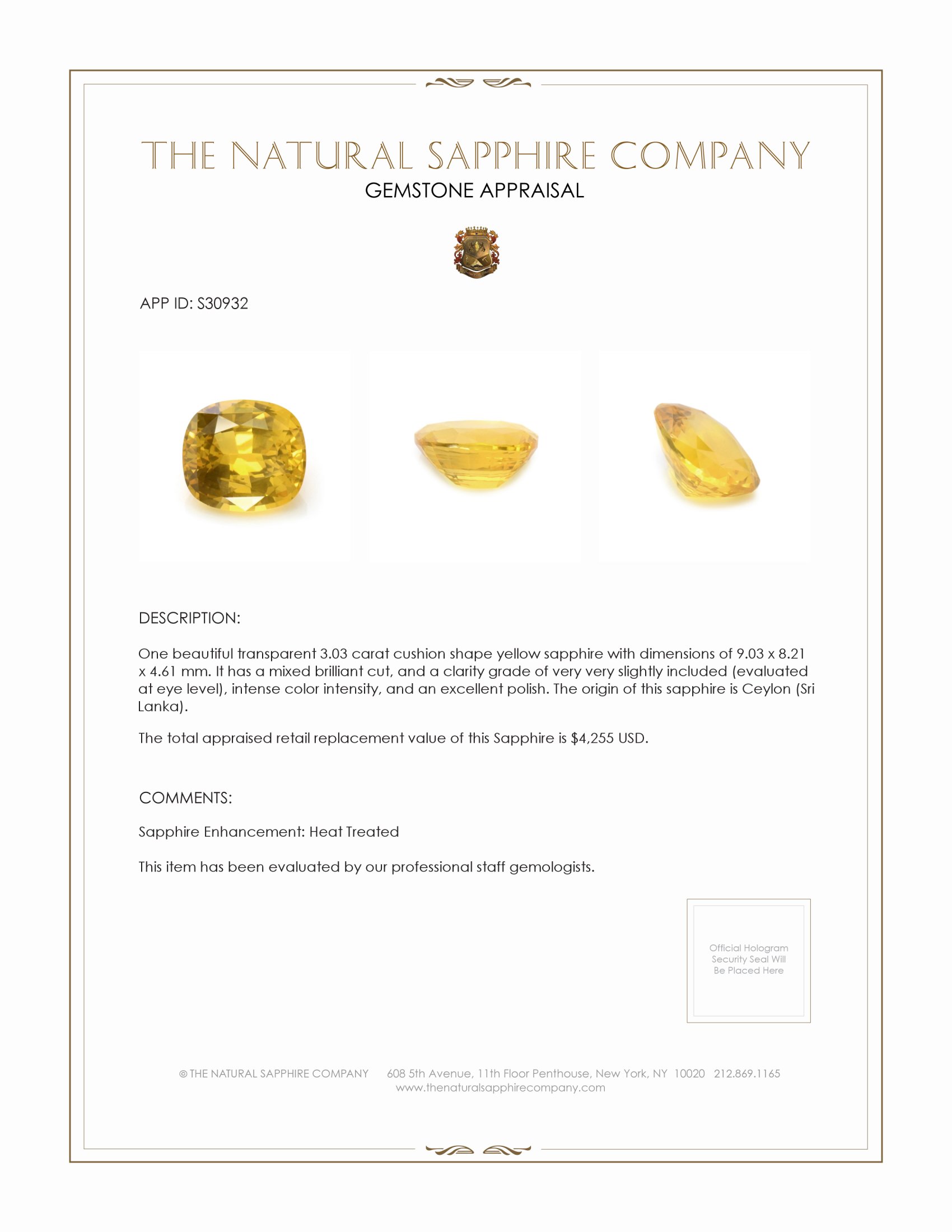 3.03 Ct. Yellow Sapphire from Ceylon (Sri Lanka)