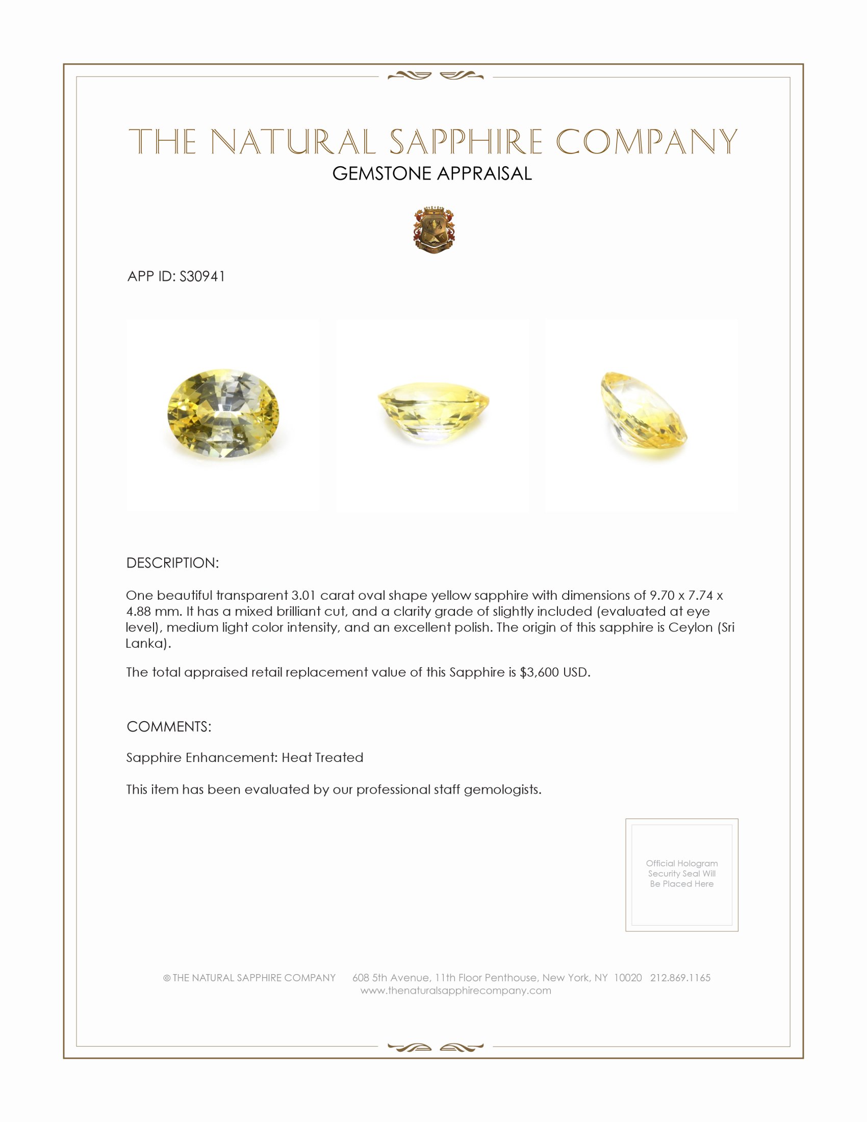 3.01 Ct. Yellow Sapphire from Ceylon (Sri Lanka)