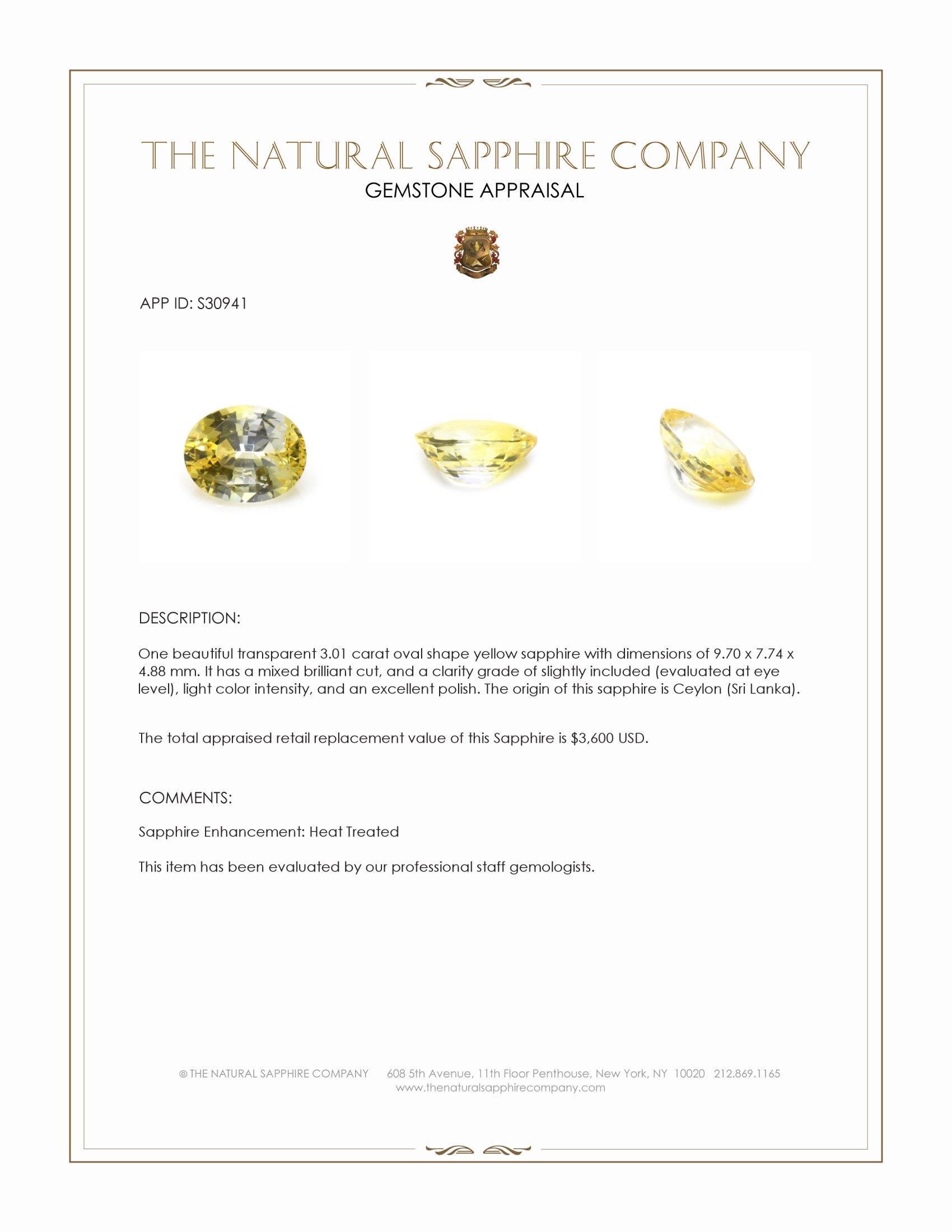 3.01 Ct. Yellow Sapphire from Ceylon (Sri Lanka)