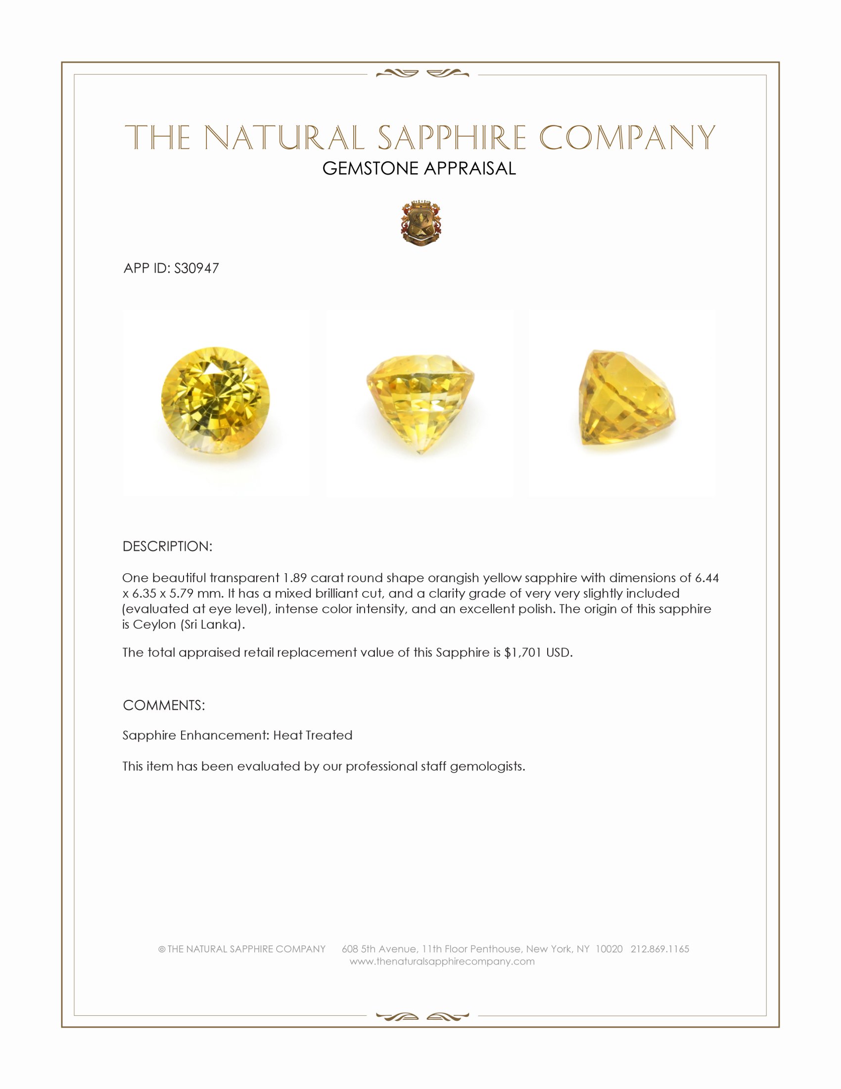 1.89 Ct. Orangish Yellow Sapphire from Ceylon (Sri Lanka)