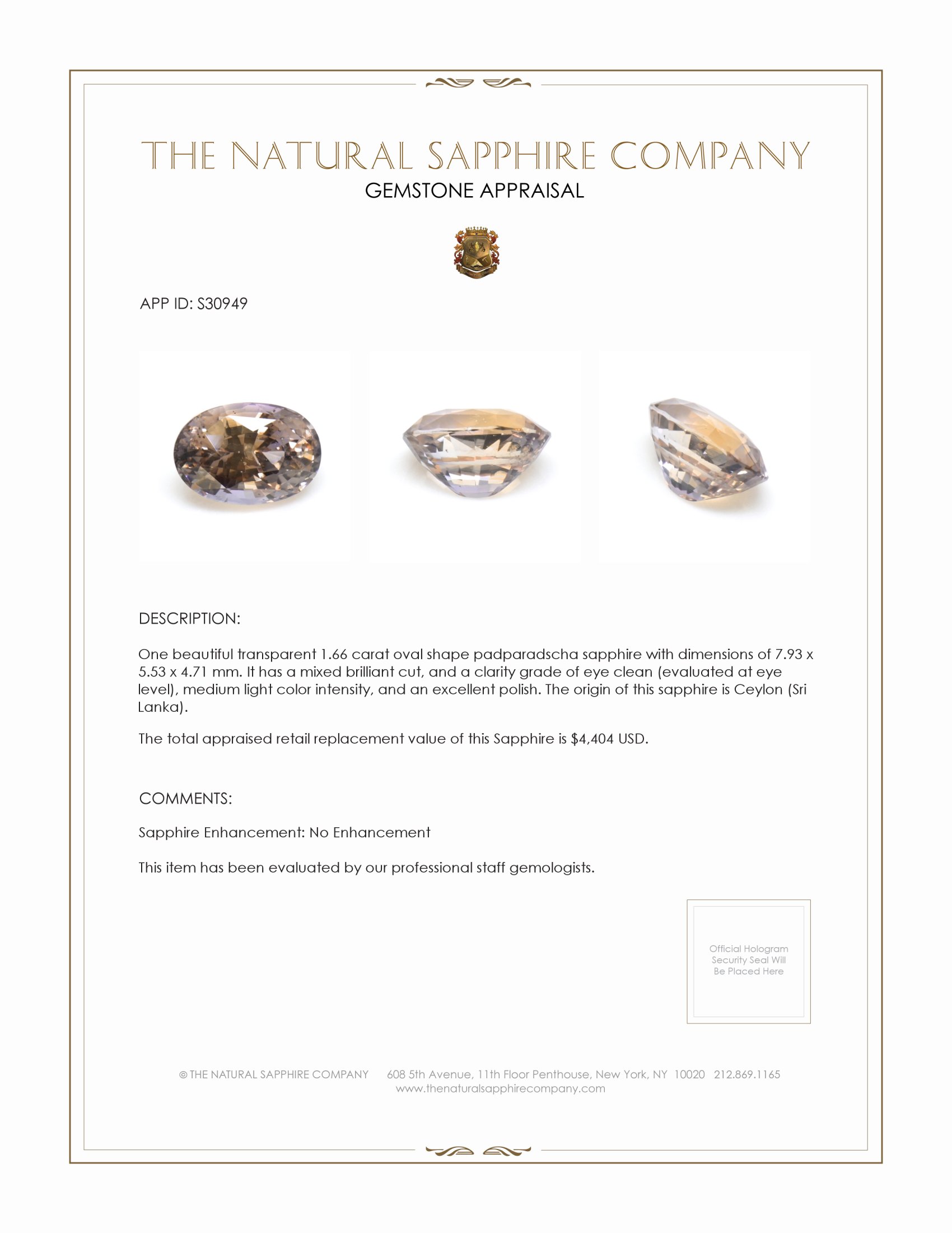 1.66 Ct. Pinkish Brown Sapphire from Ceylon (Sri Lanka)