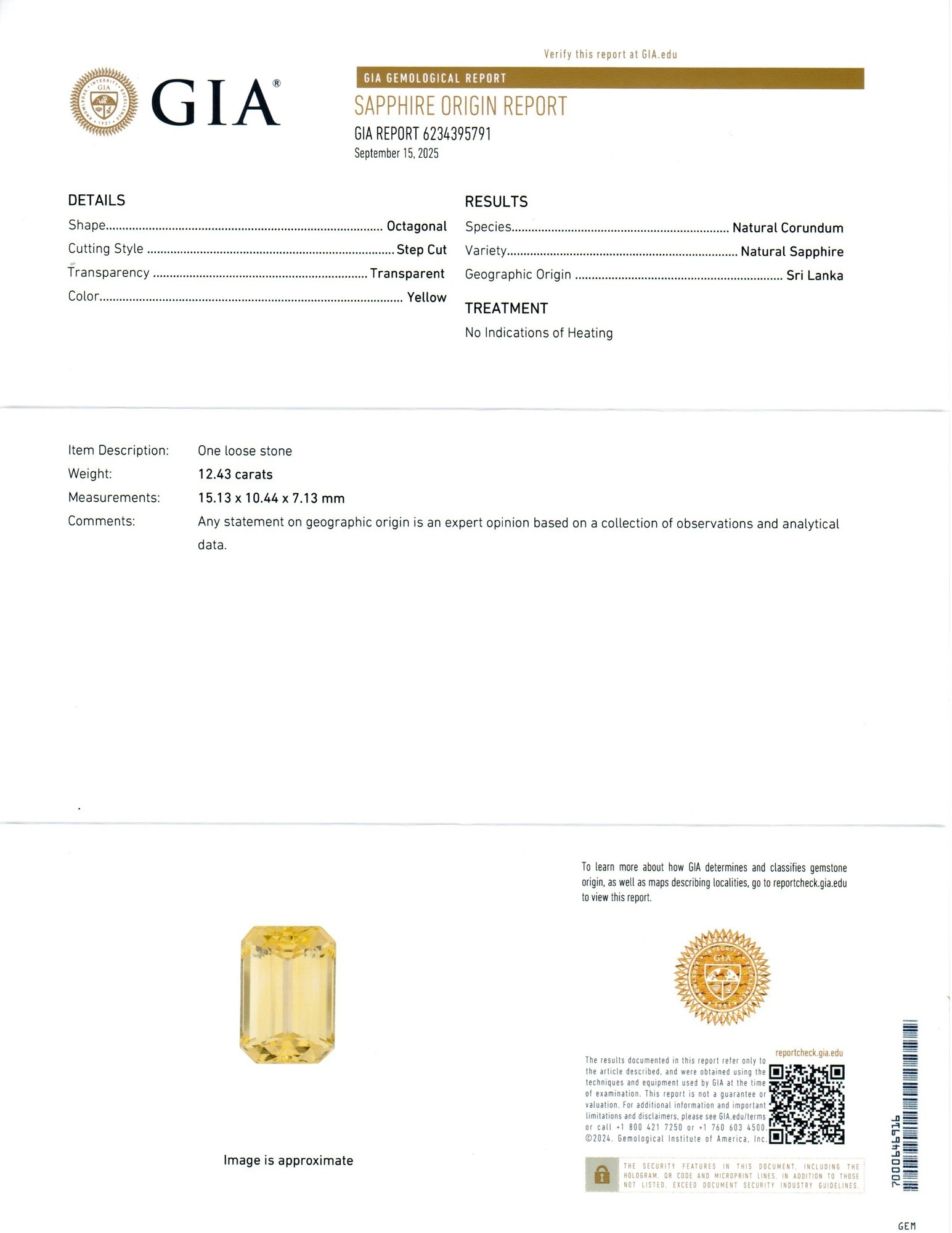 12.43 Ct. Yellow Sapphire from Ceylon (Sri Lanka)