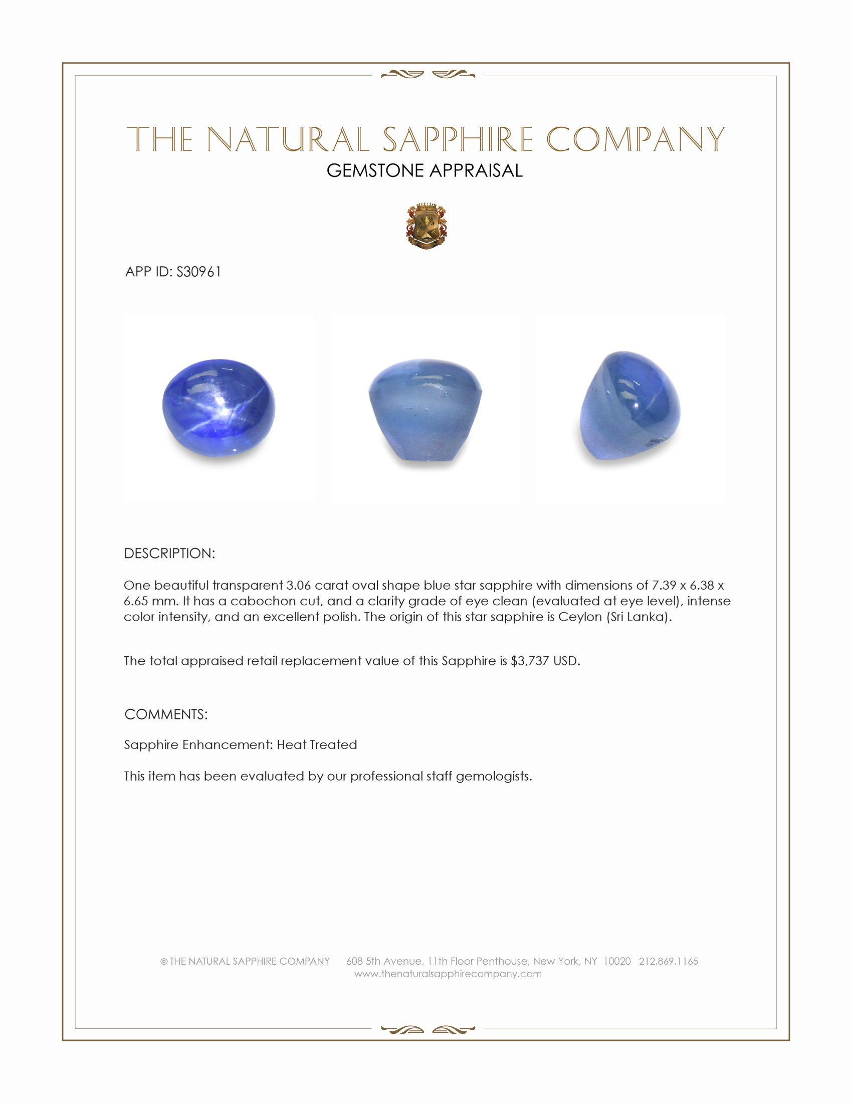 3.06 Ct. Blue Star Sapphire from Ceylon (Sri Lanka)