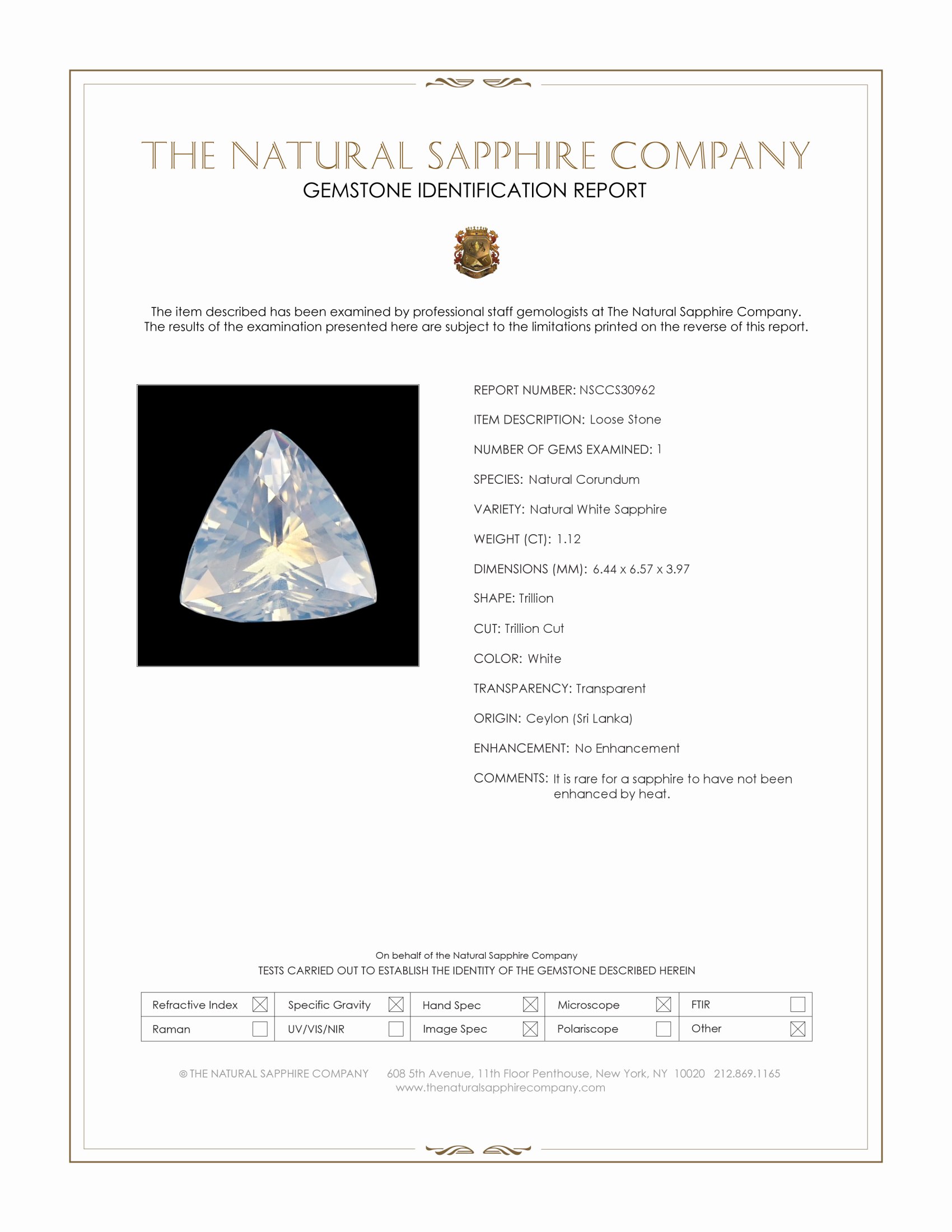 1.12 Ct. White Sapphire from Ceylon (Sri Lanka)