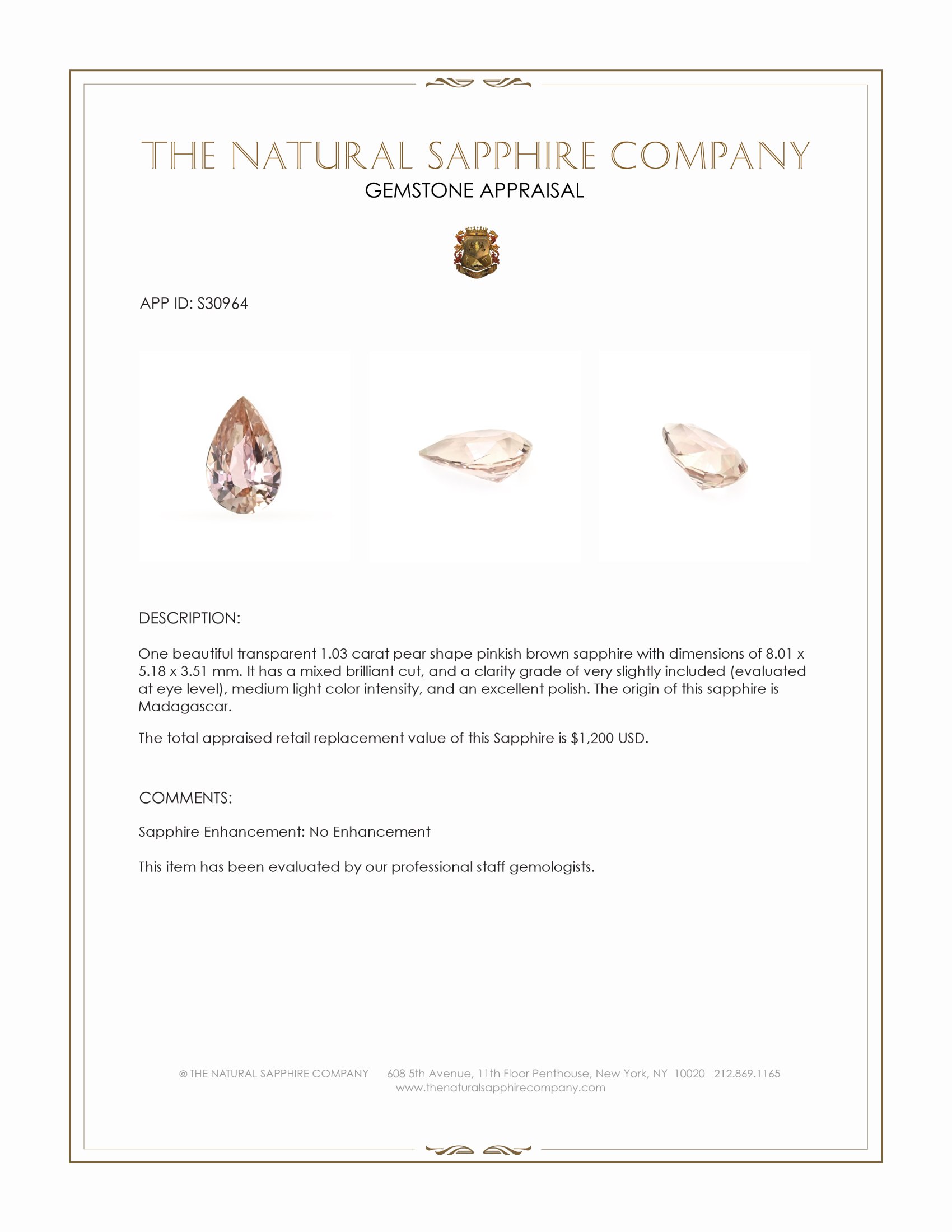 1.03 Ct. Pinkish Brown Sapphire from Madagascar