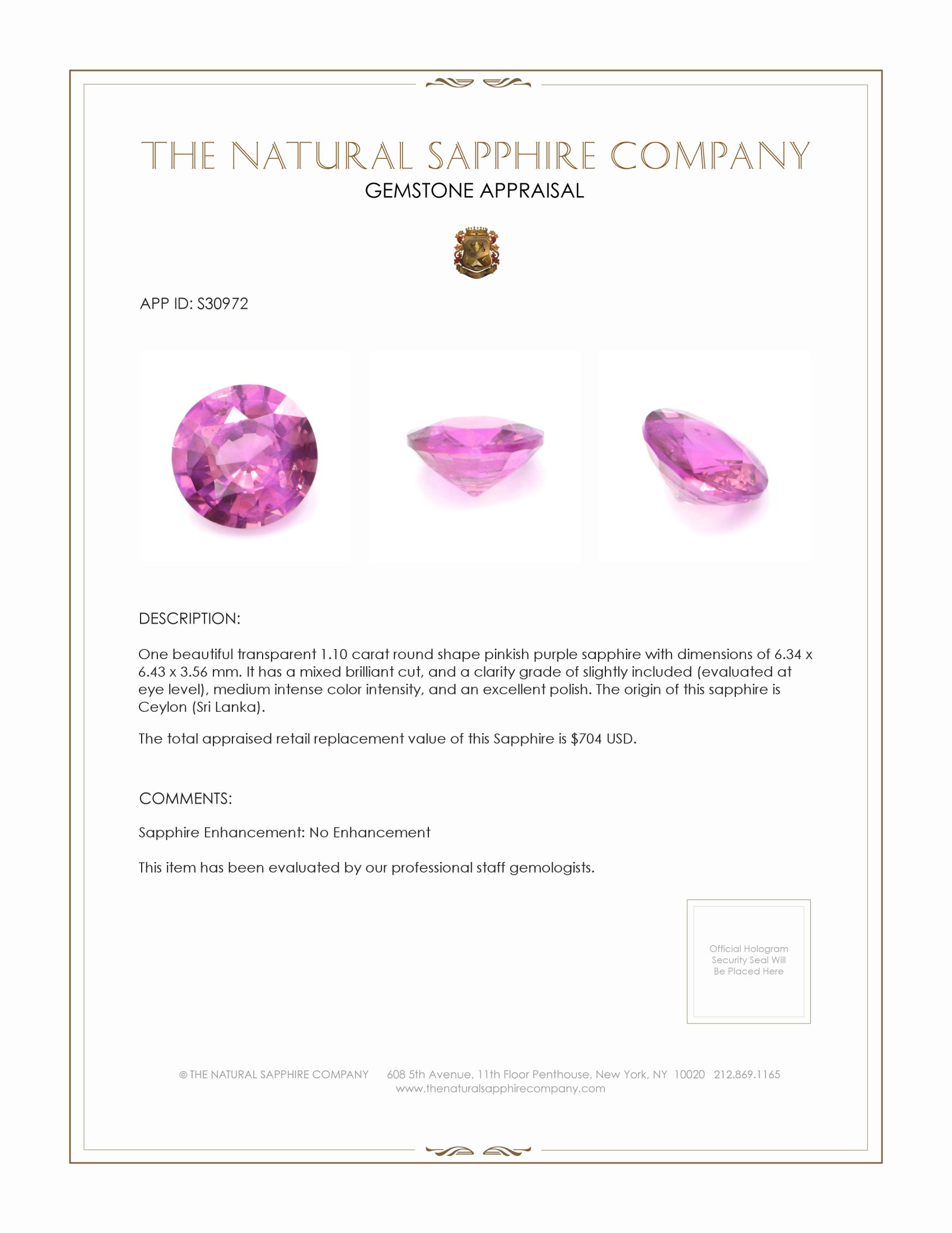 1.10 Ct. Pinkish Purple Sapphire from Ceylon (Sri Lanka)