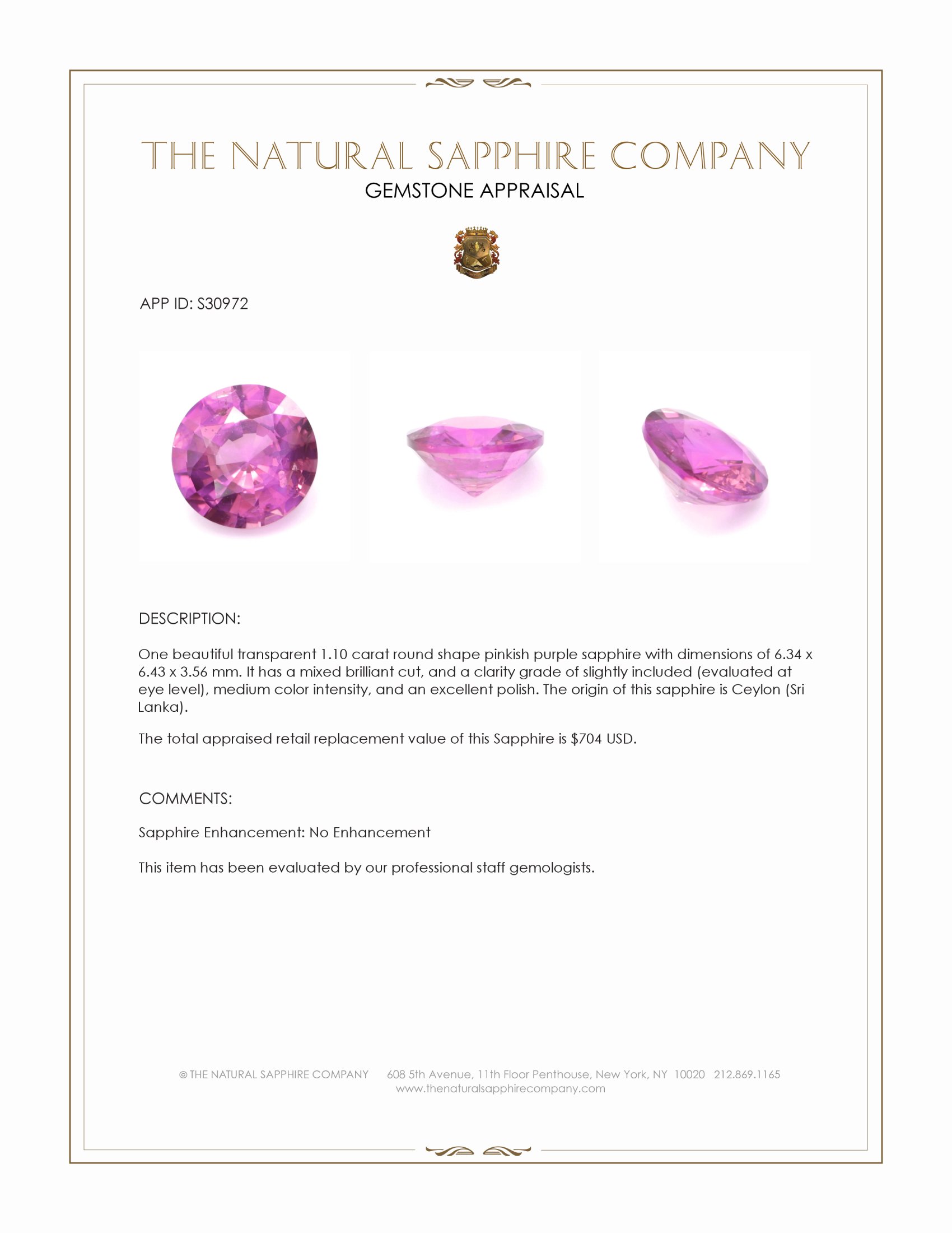 1.10 Ct. Pinkish Purple Sapphire from Ceylon (Sri Lanka)