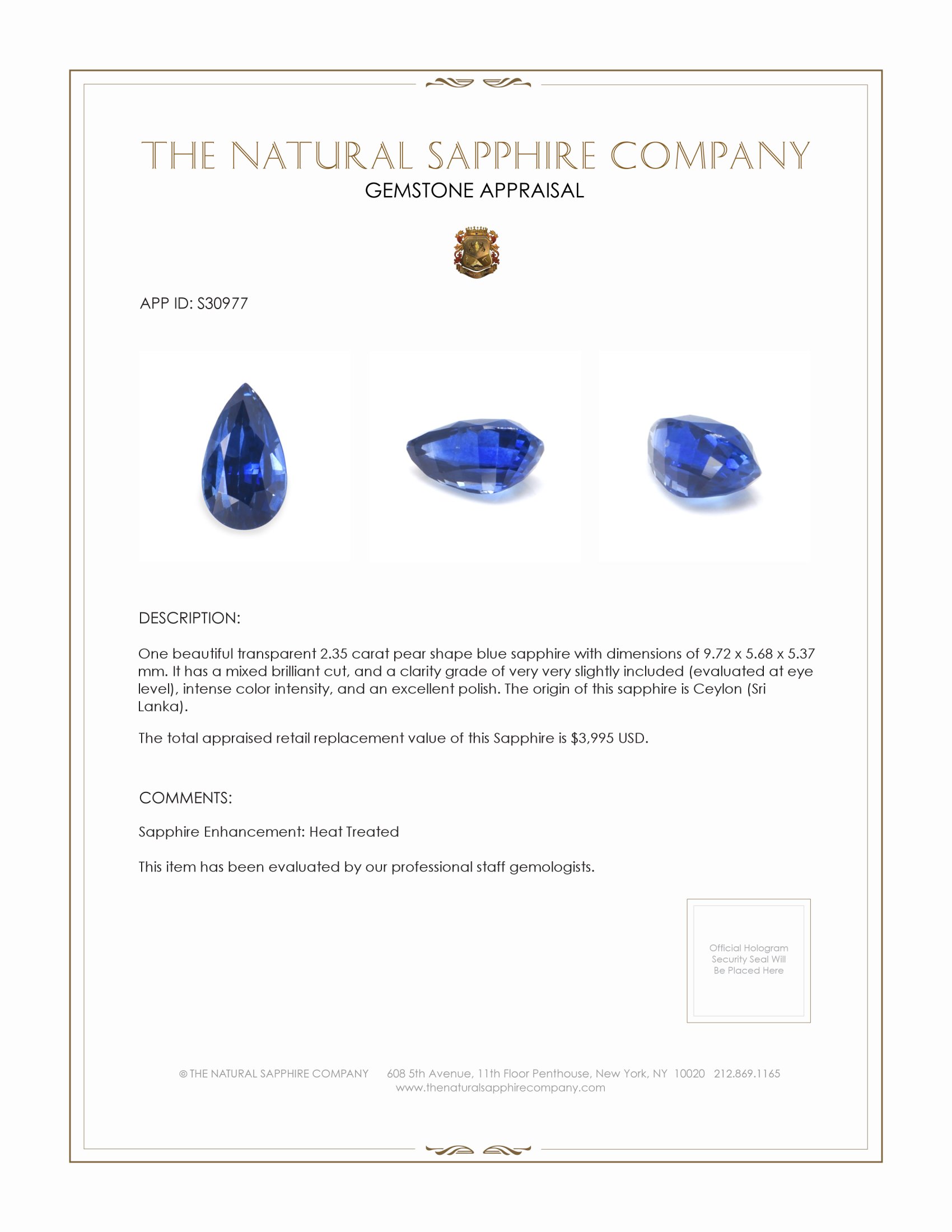 2.35 Ct. Blue Sapphire from Ceylon (Sri Lanka)