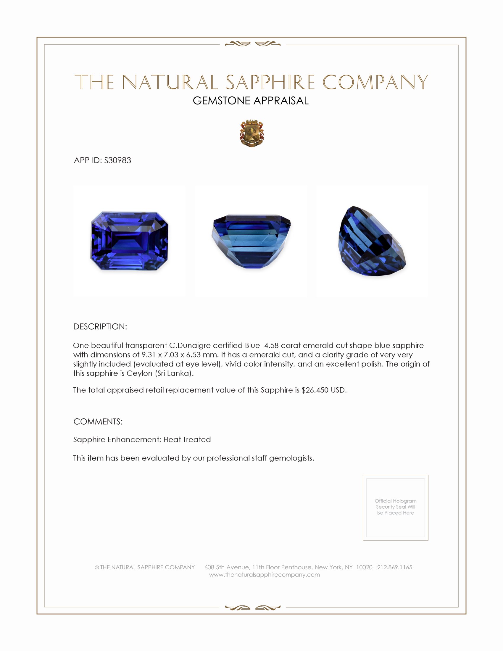 4.58 Ct. Blue Sapphire from Ceylon (Sri Lanka)