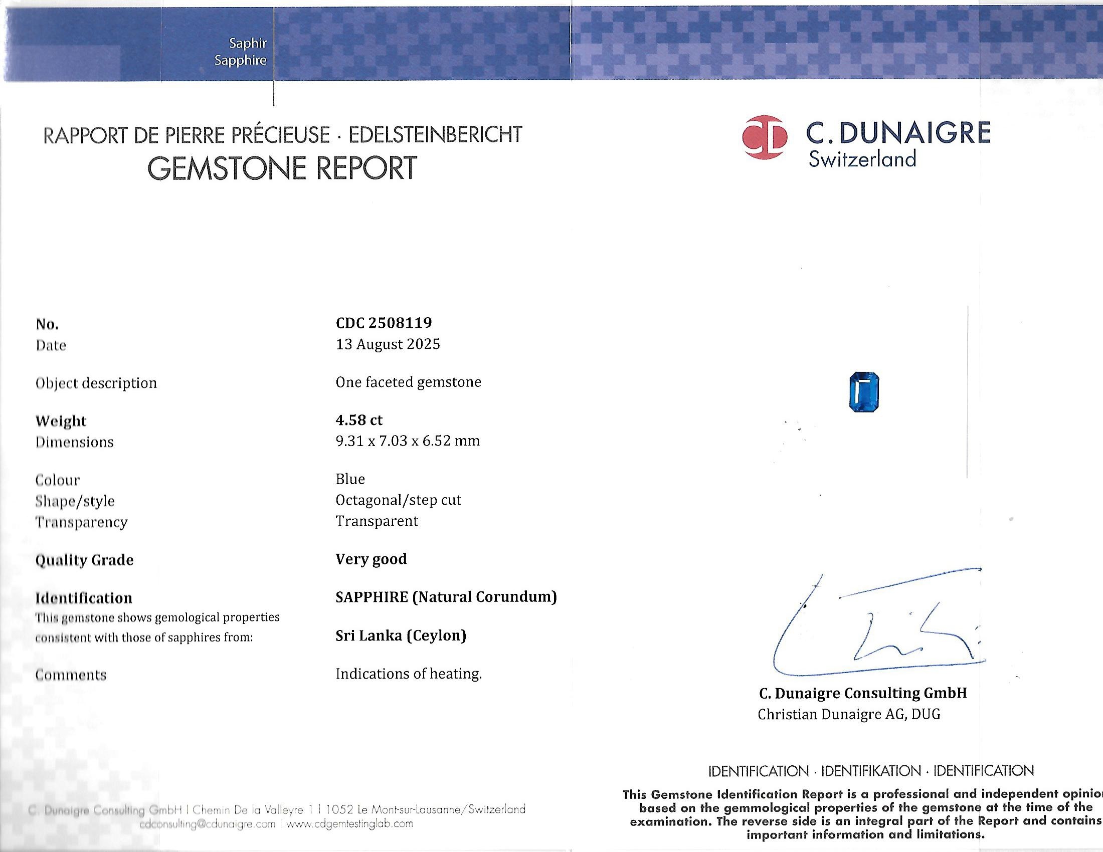 4.58 Ct. Blue Sapphire from Ceylon (Sri Lanka)