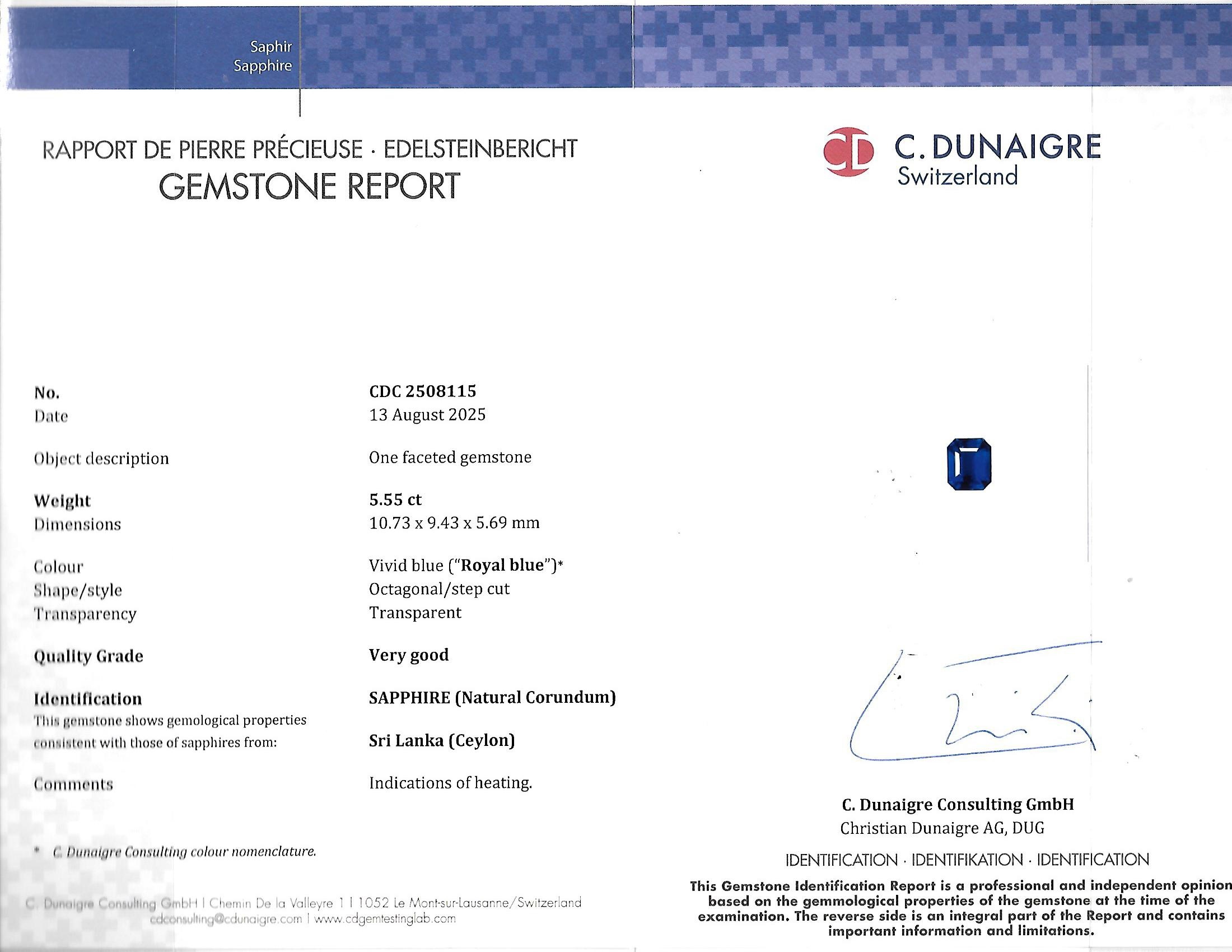 5.55 Ct. Blue Sapphire from Ceylon (Sri Lanka)