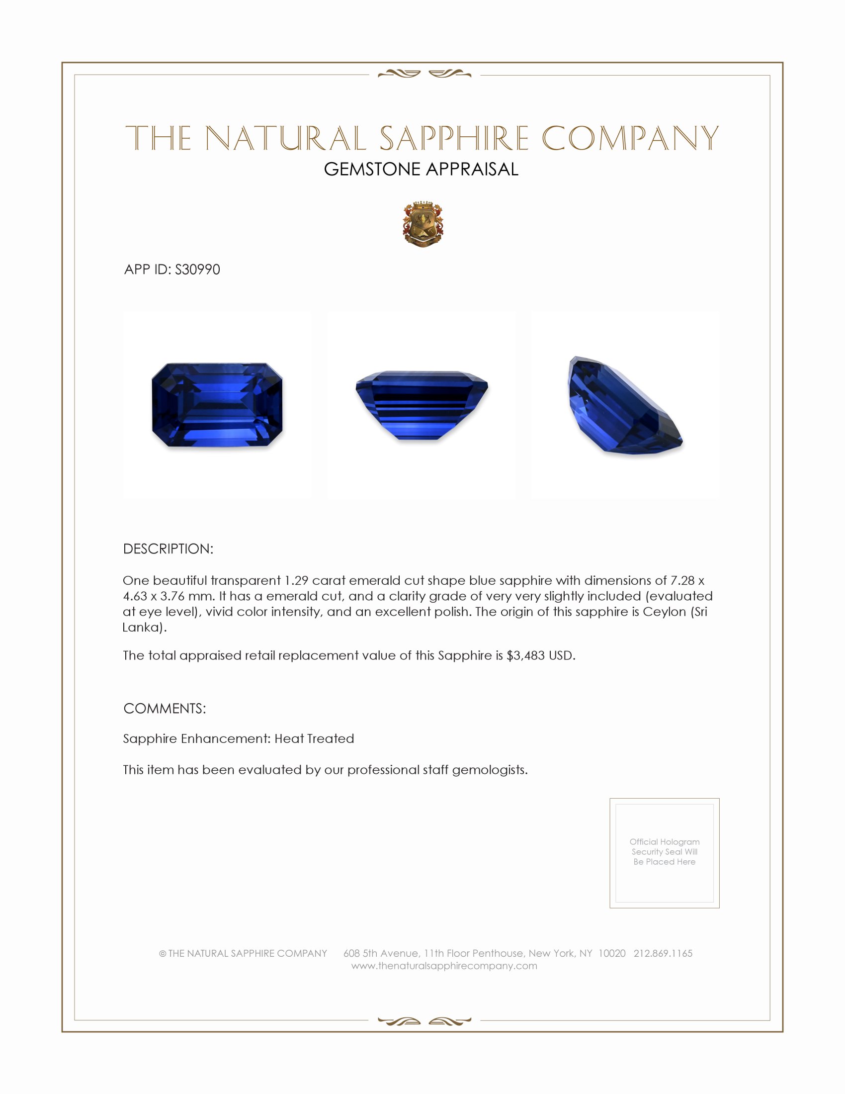 1.29 Ct. Blue Sapphire from Ceylon (Sri Lanka)