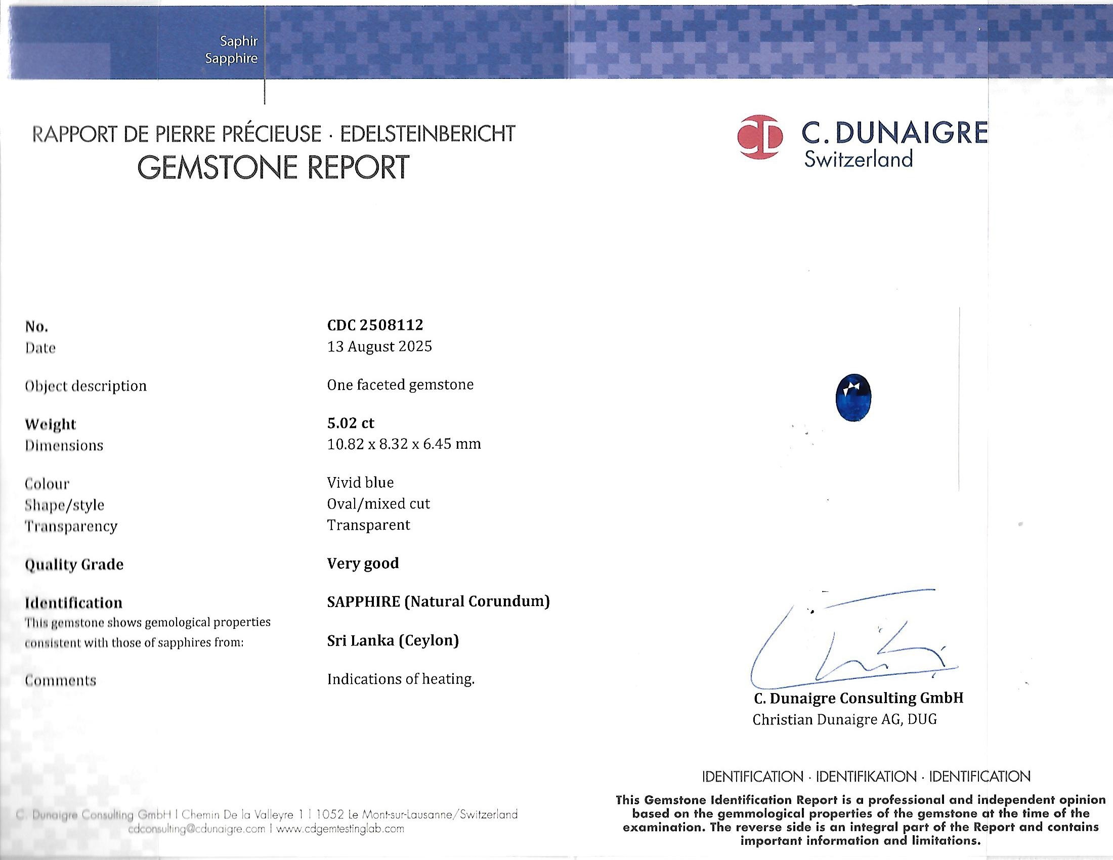 5.02 Ct. Blue Sapphire from Ceylon (Sri Lanka)