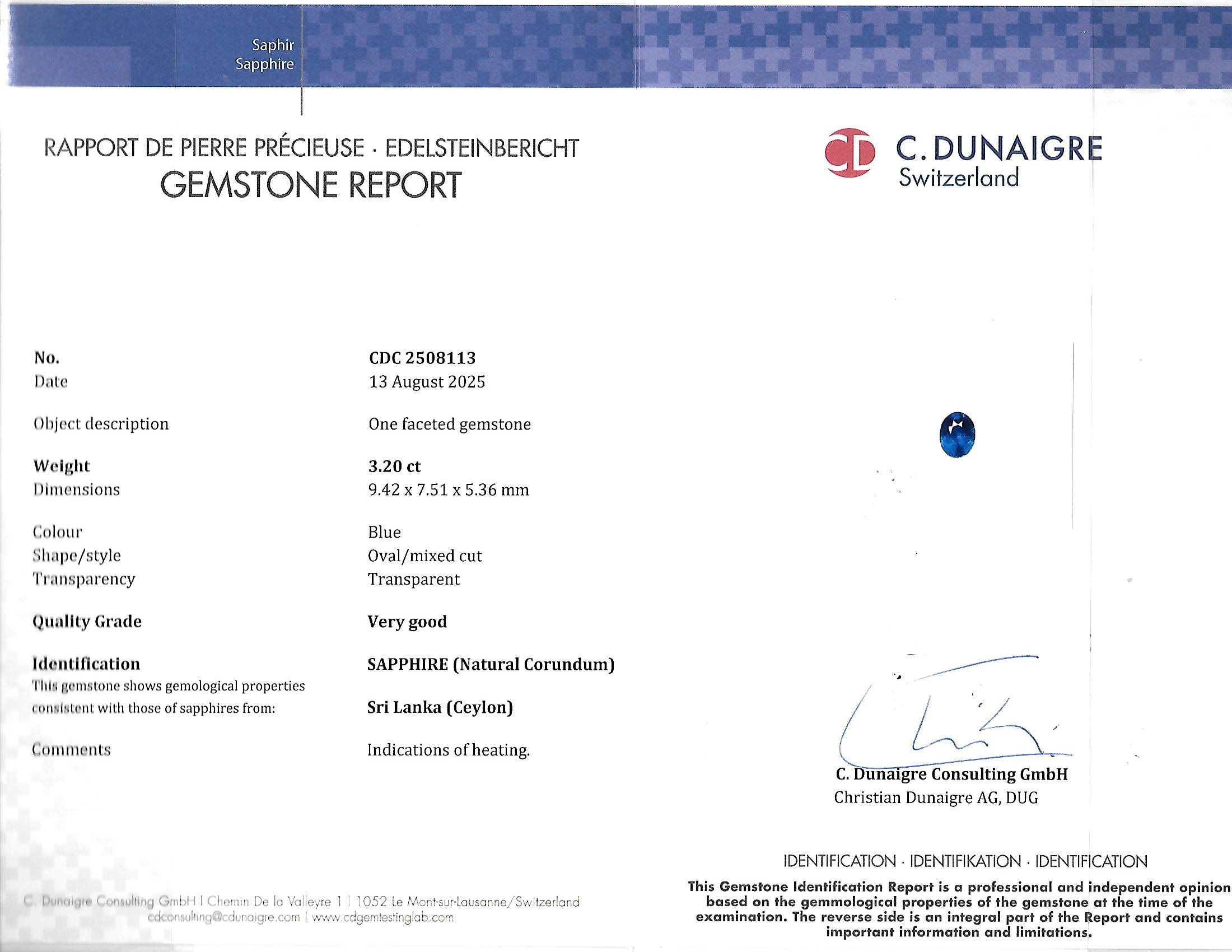 3.20 Ct. Blue Sapphire from Ceylon (Sri Lanka)