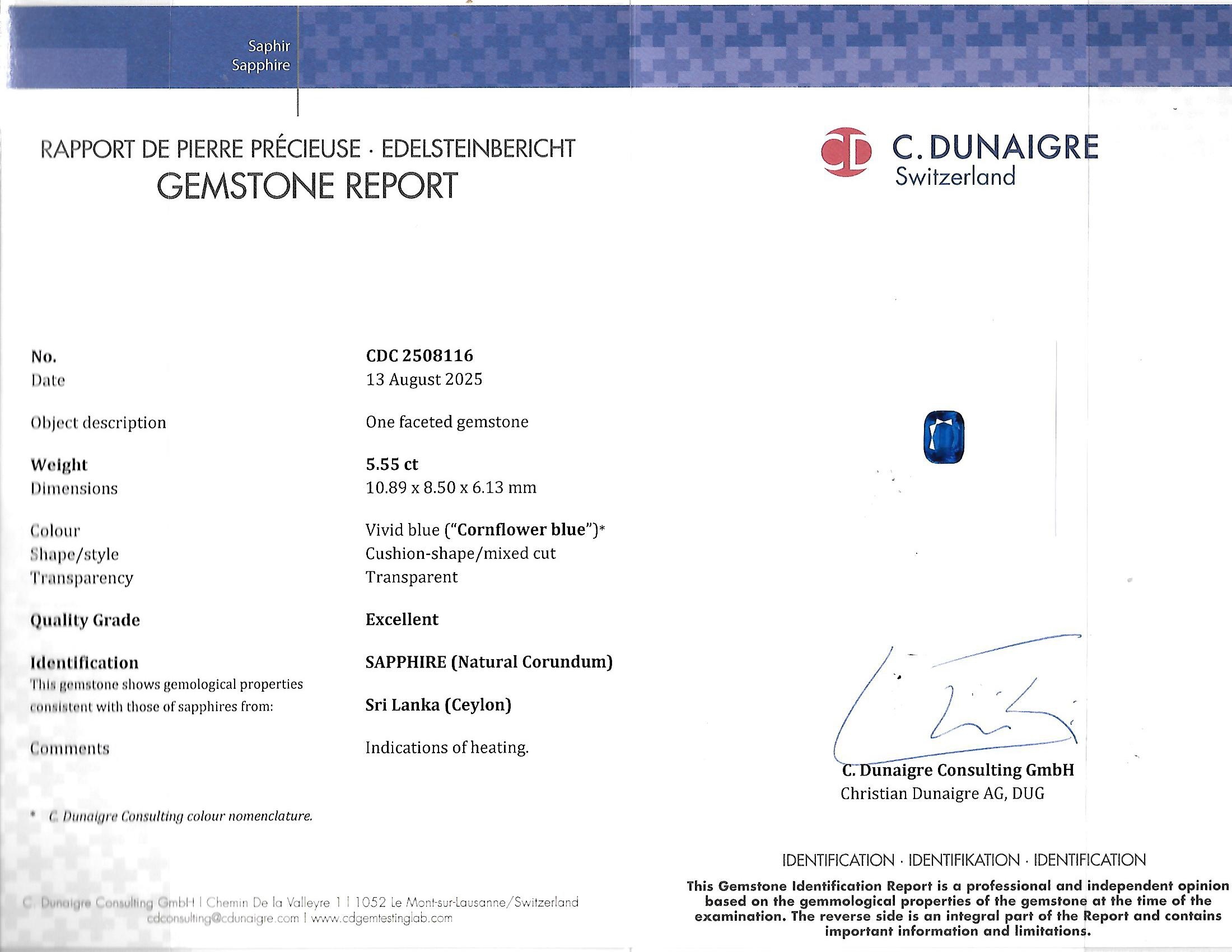 5.55 Ct. Blue Sapphire from Ceylon (Sri Lanka)