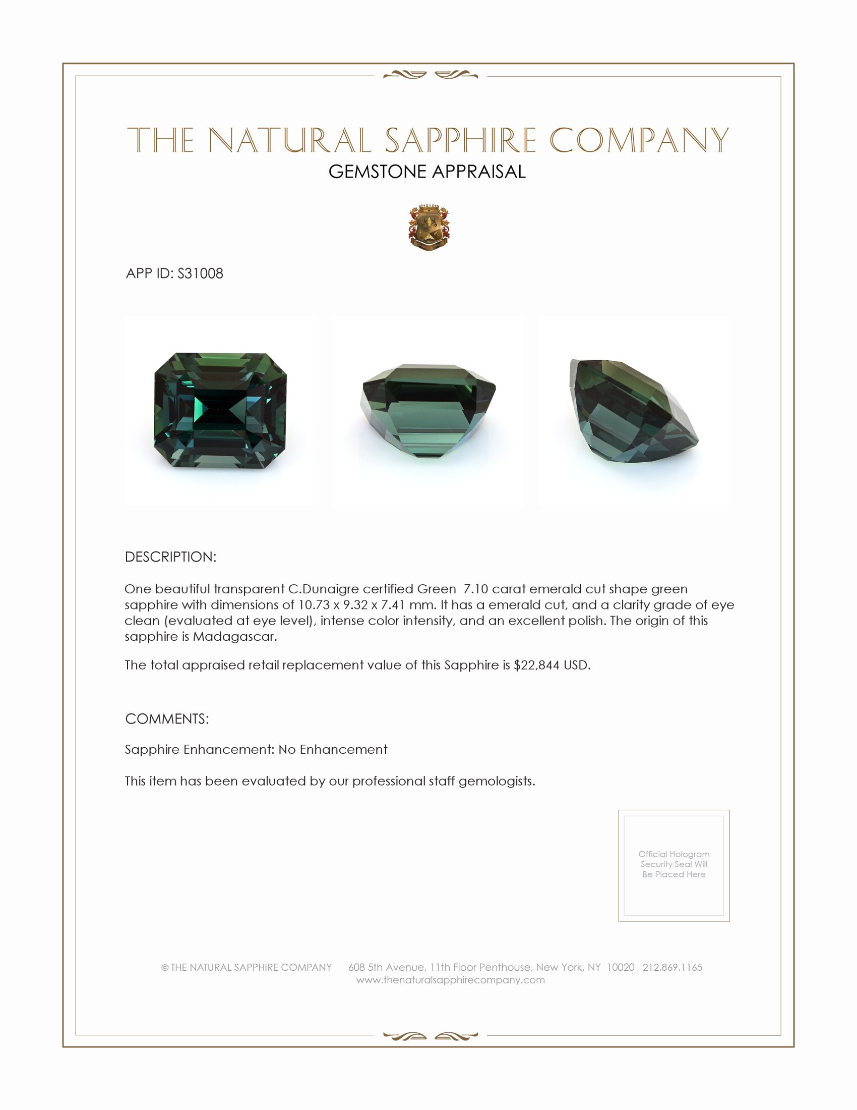 7.10 Ct. Green Sapphire from Madagascar