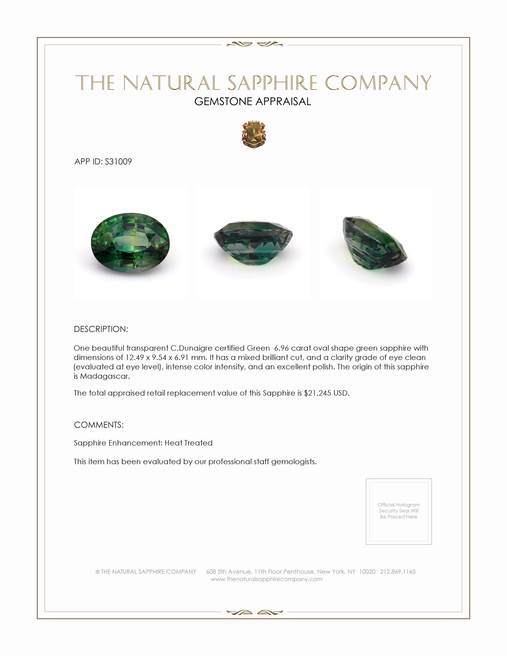 6.96 Ct. Green Sapphire from Madagascar