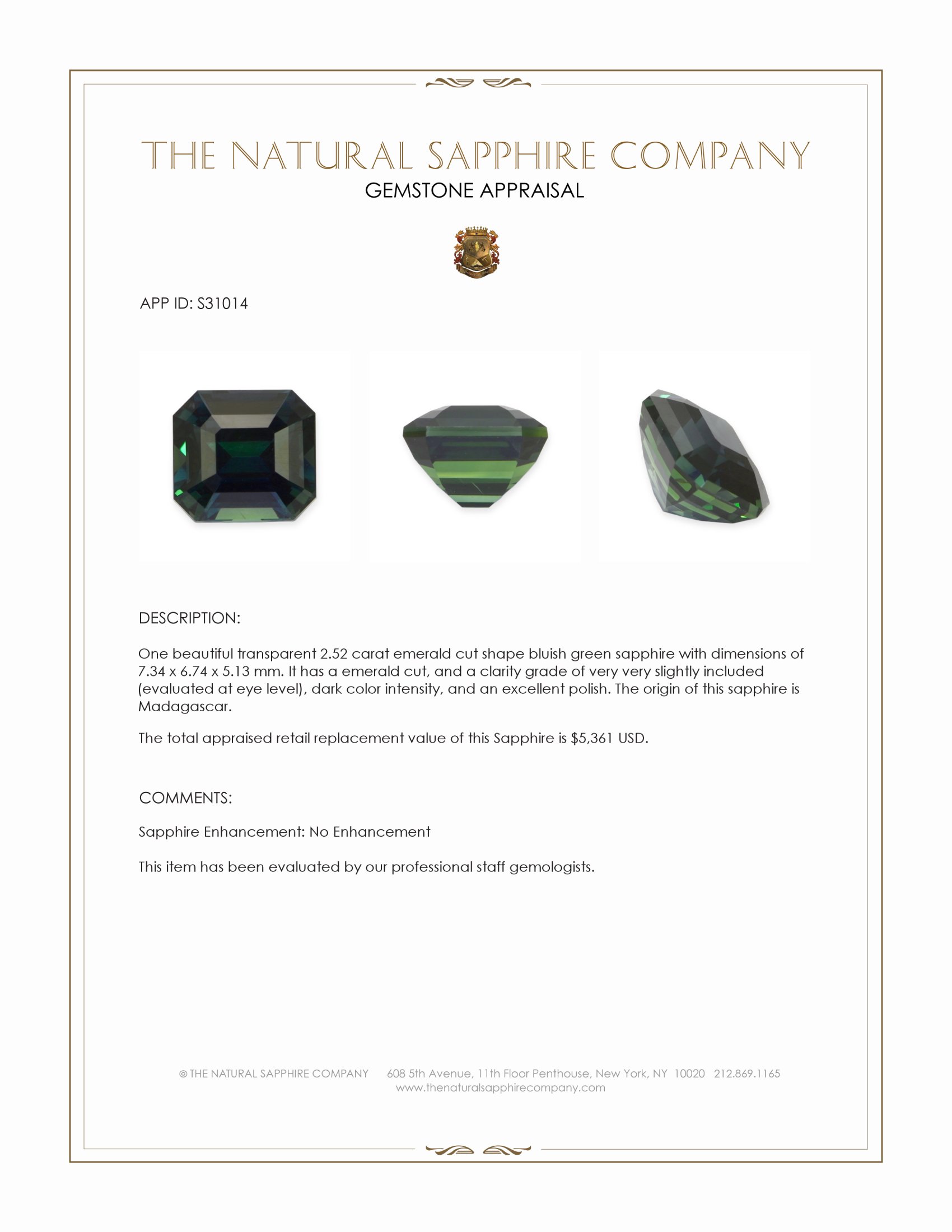 2.52 Ct. Bluish Green Sapphire from Madagascar